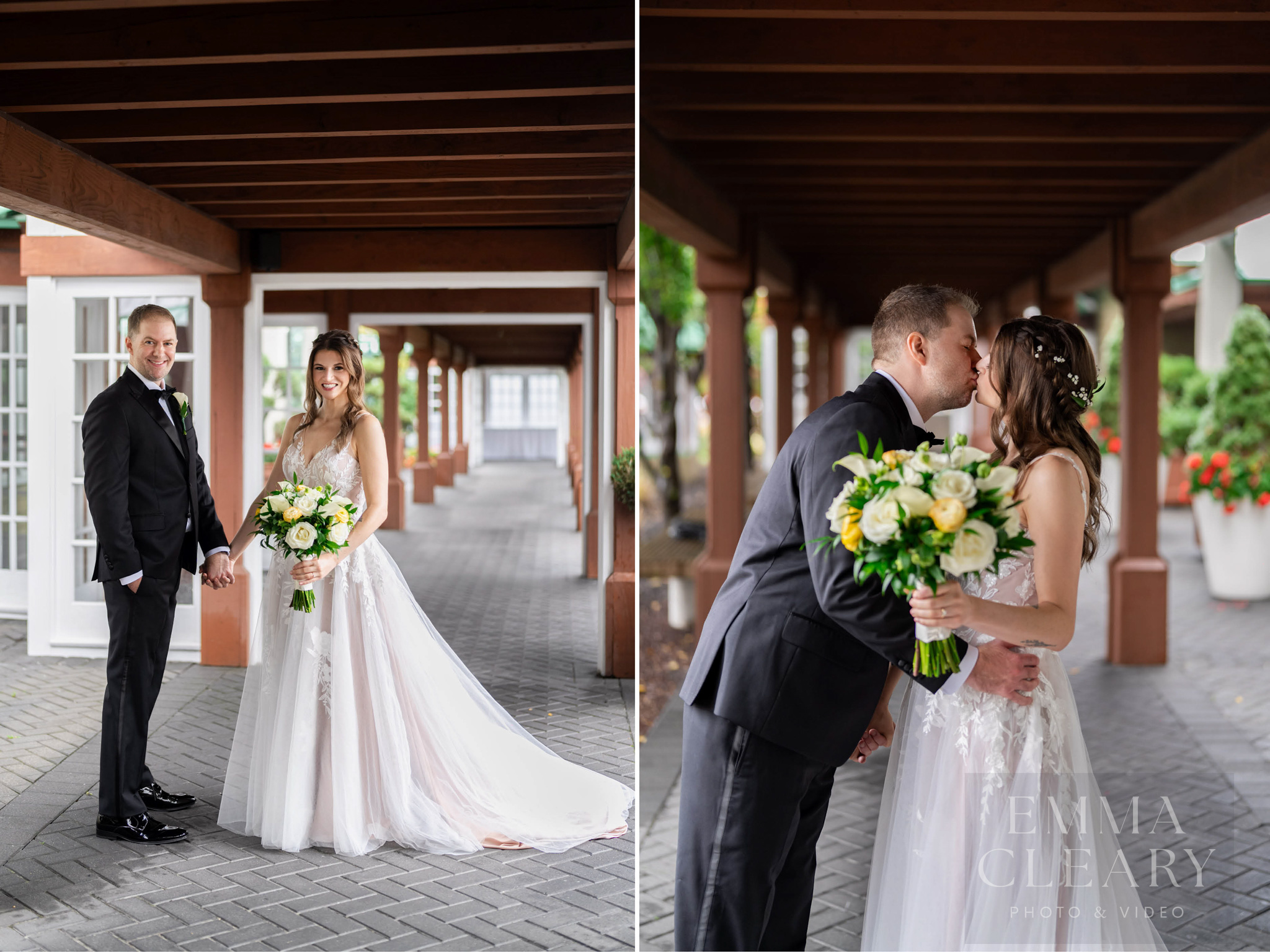 Wedding photo of a couple kissing