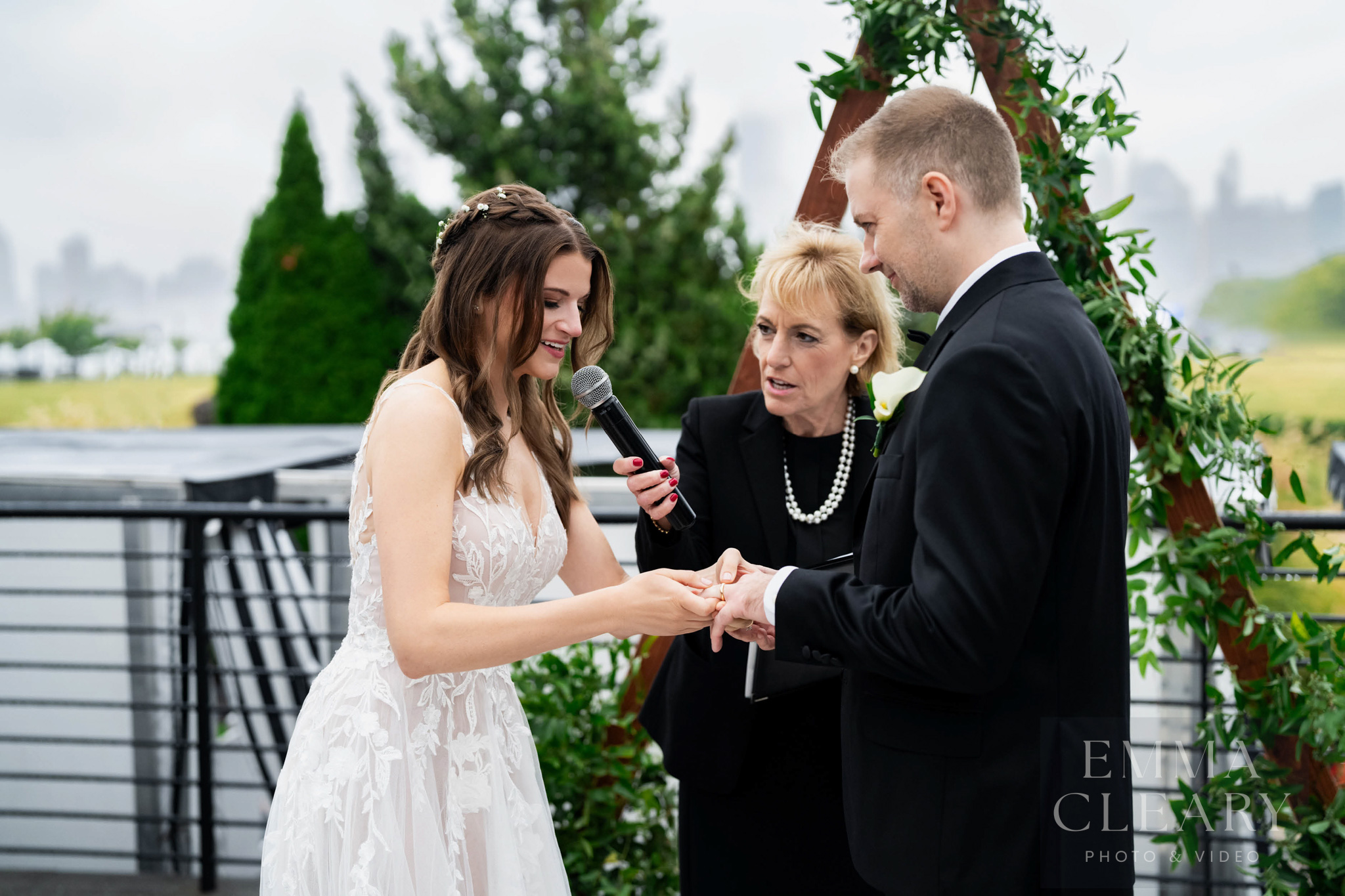Bride and groom exchange rings