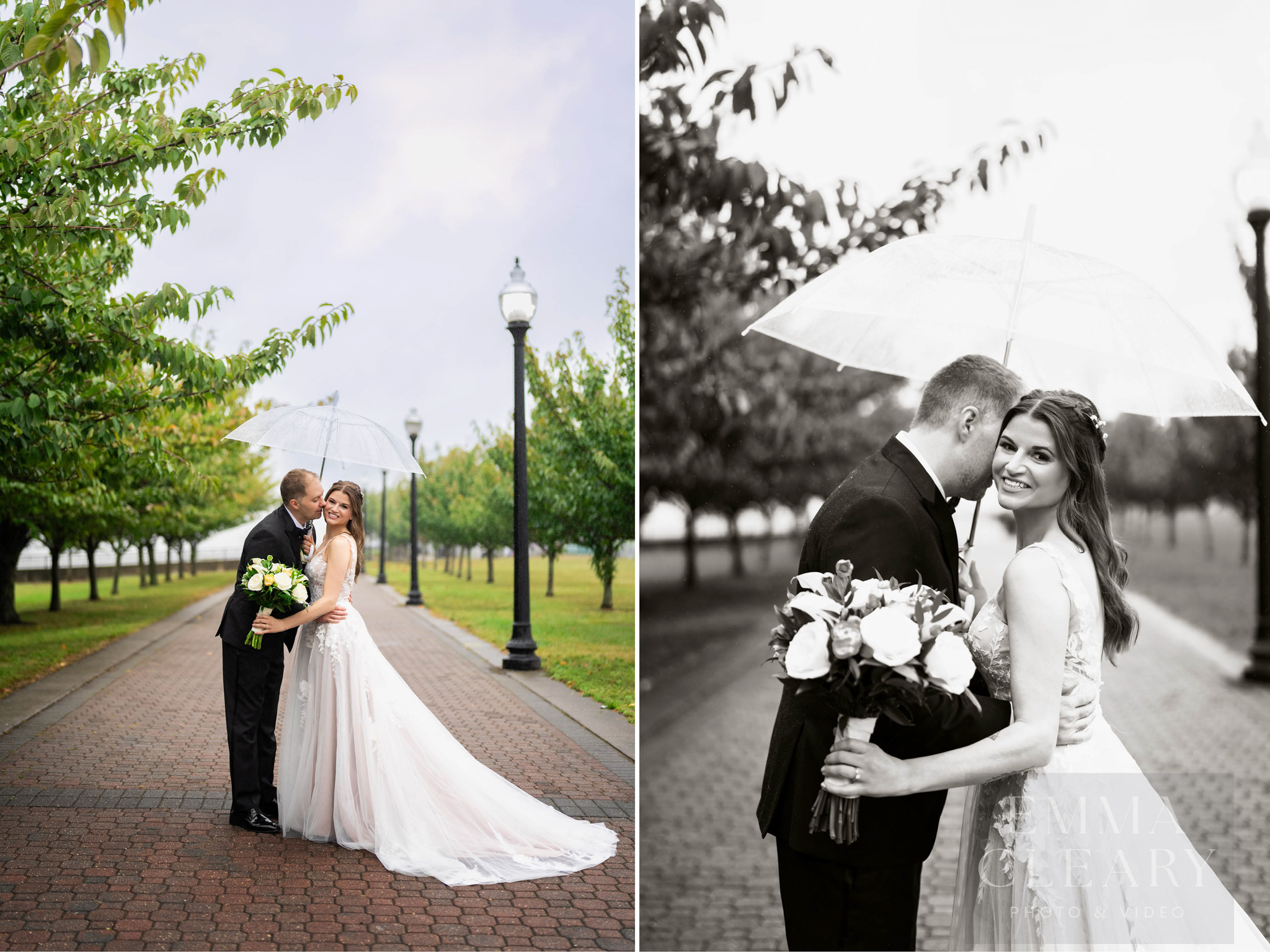 The groom kisses the bride