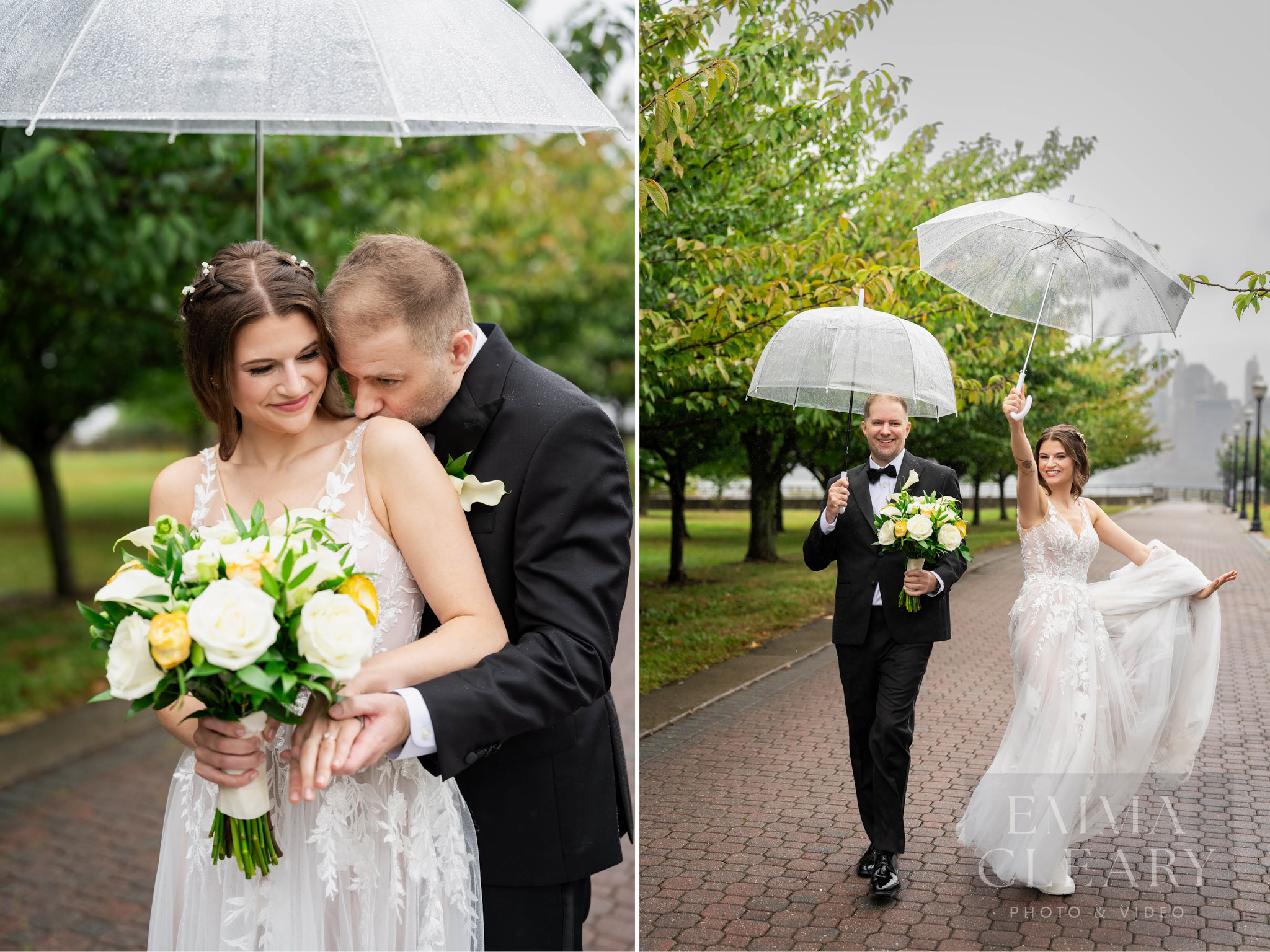 The bride and groom are walking