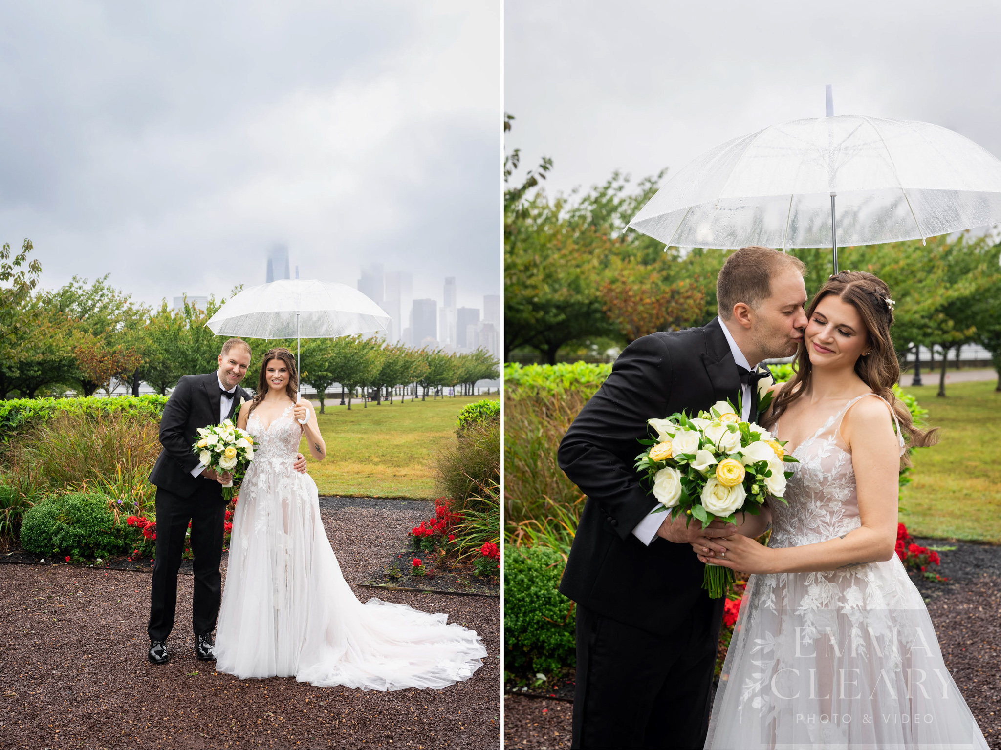 The groom kisses the bride