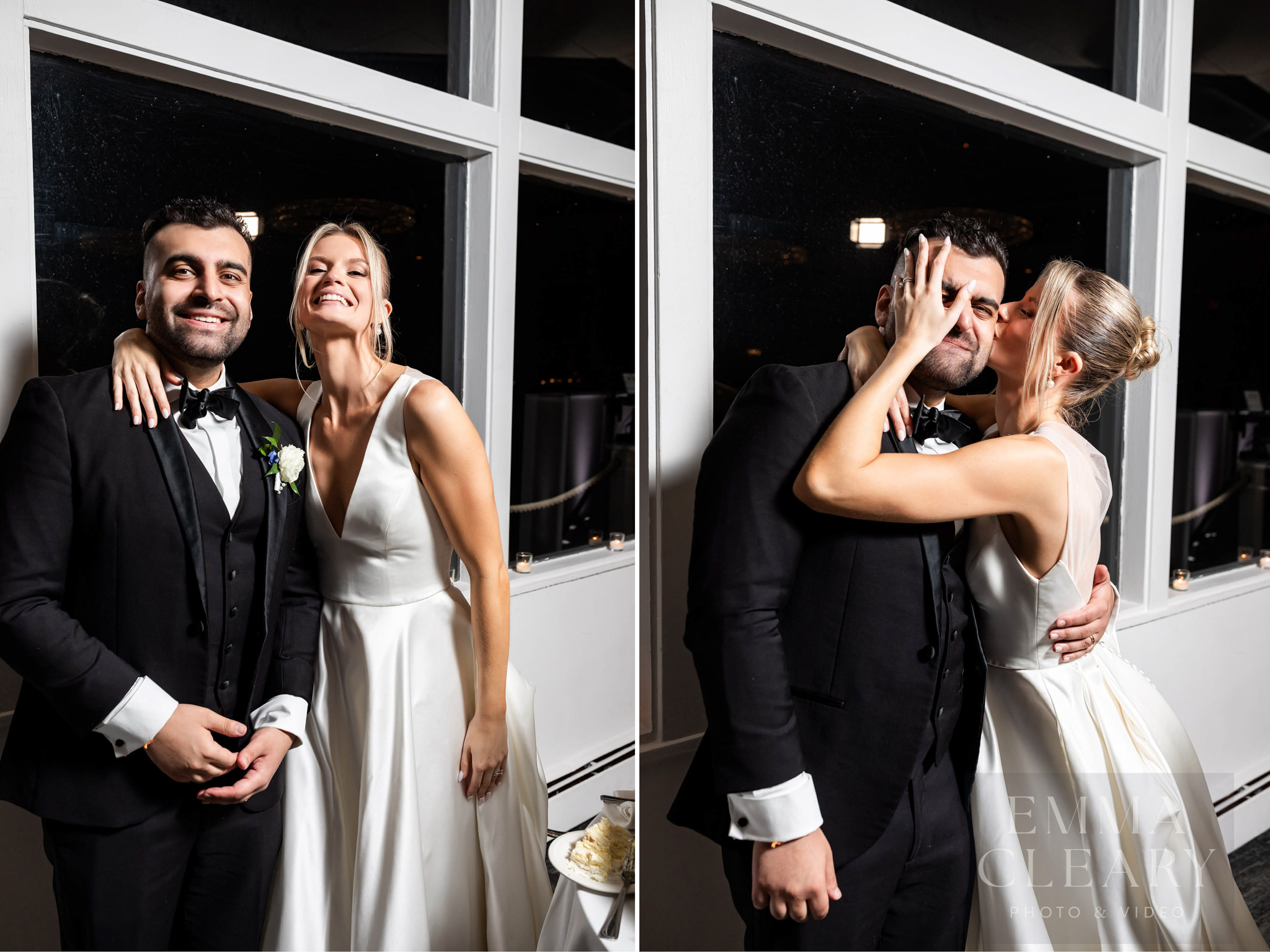 Wedding photo of a couple kissing