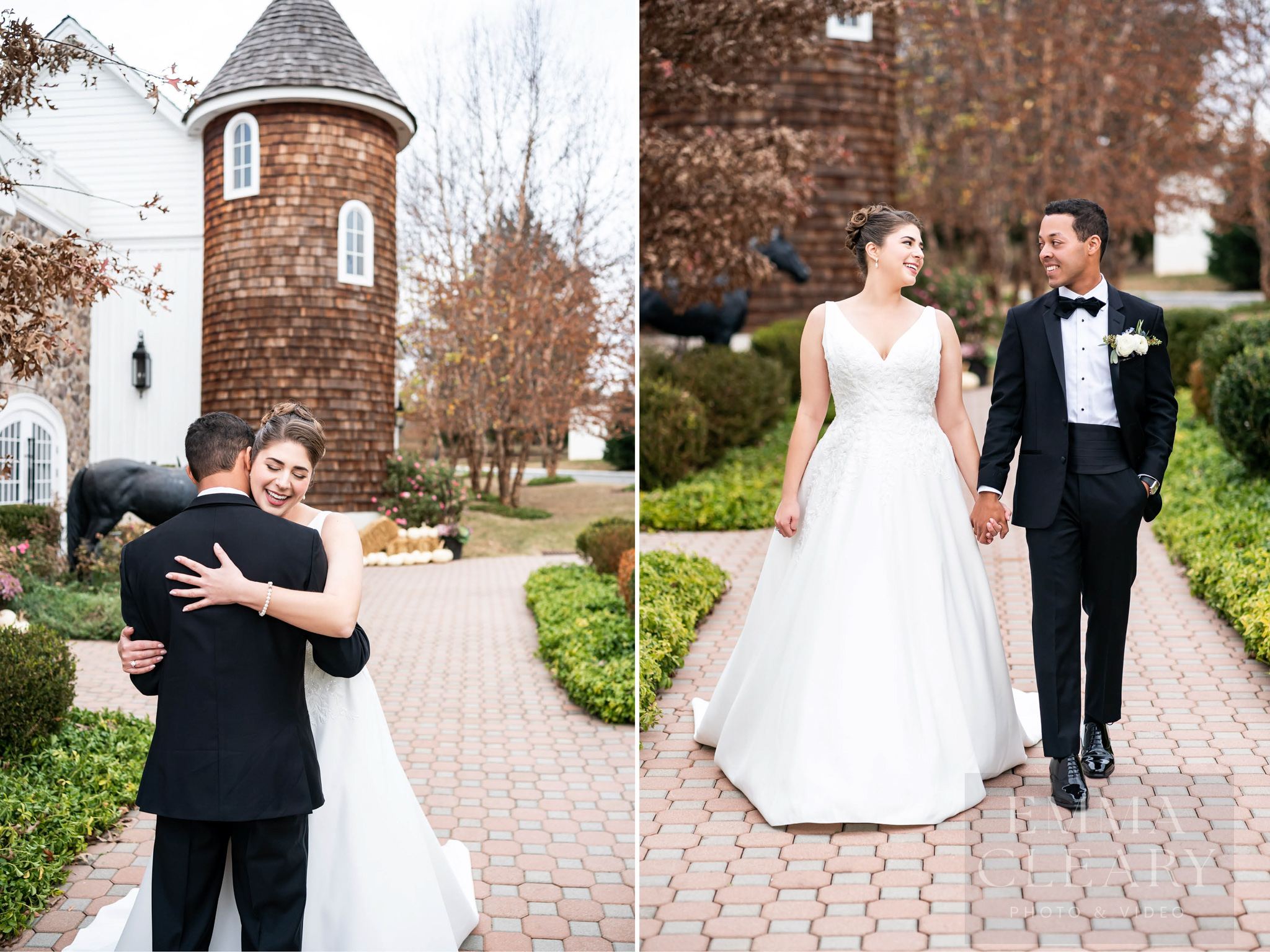 The bride and groom are walking