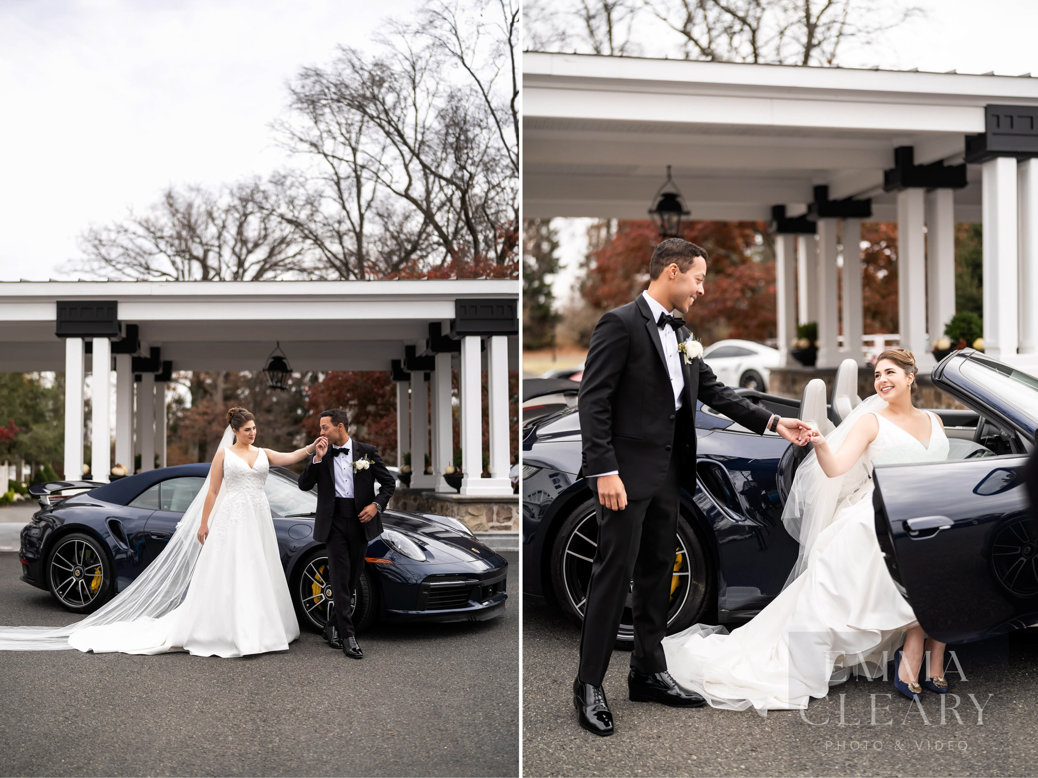 The wedding couple near the car