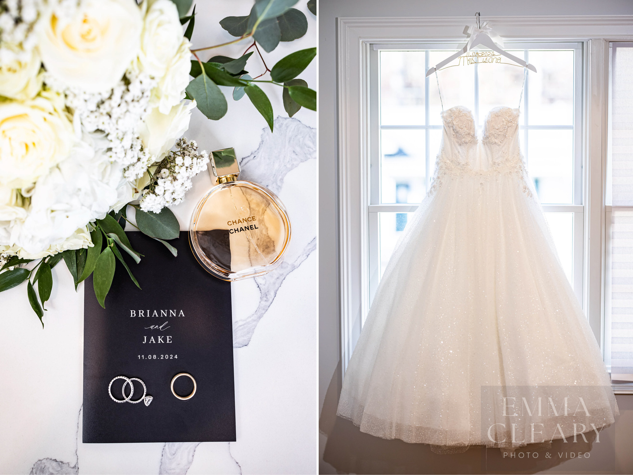 Wedding dress, bouquet, invitation, rings