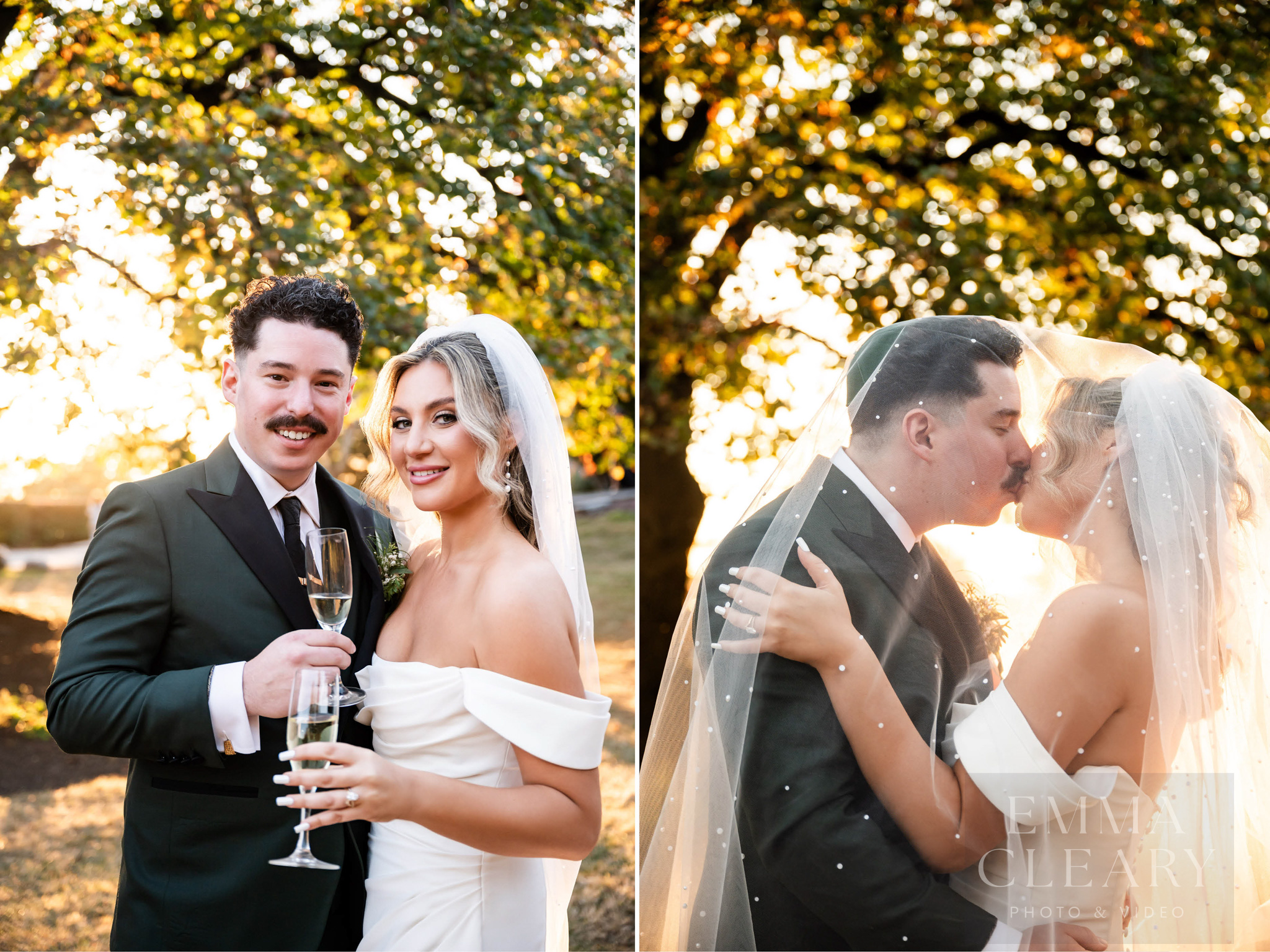 Sunset wedding kiss