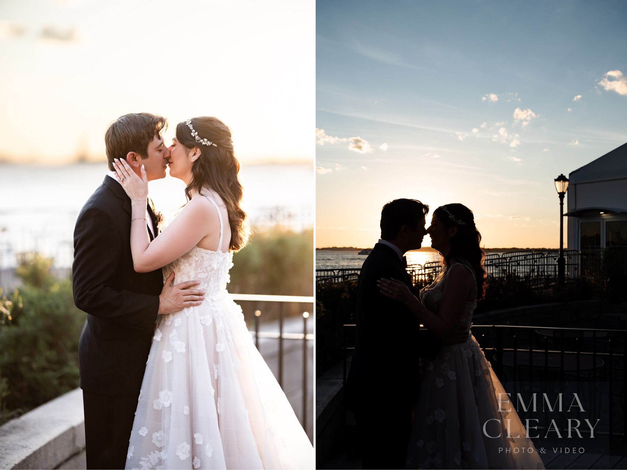 Sunset wedding kiss