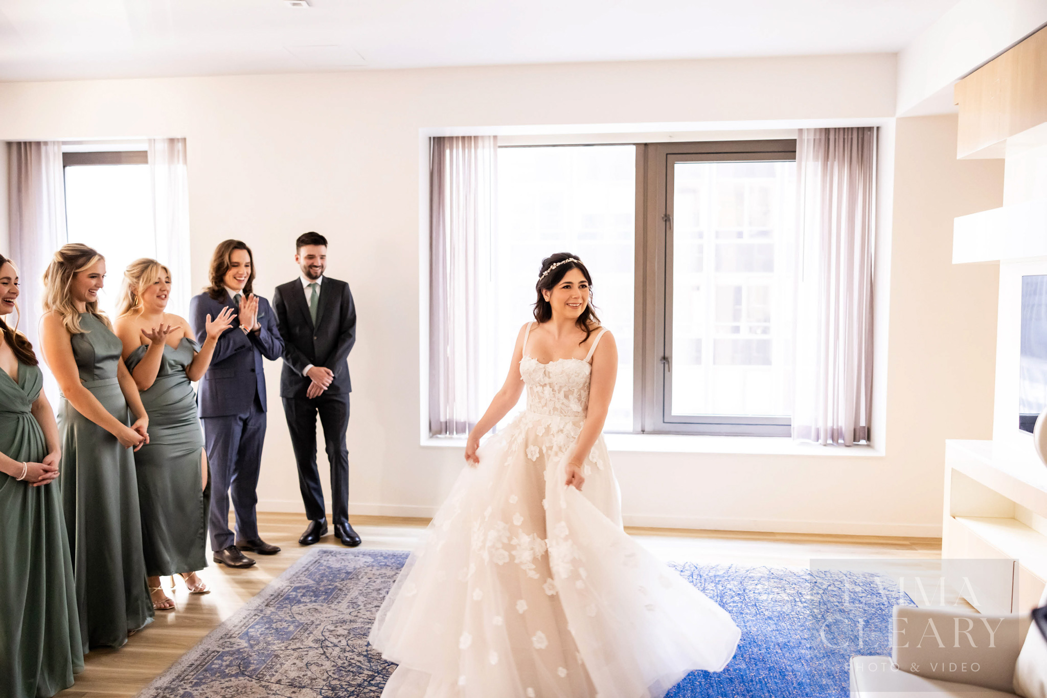 Bridesmades are surprised by the bride