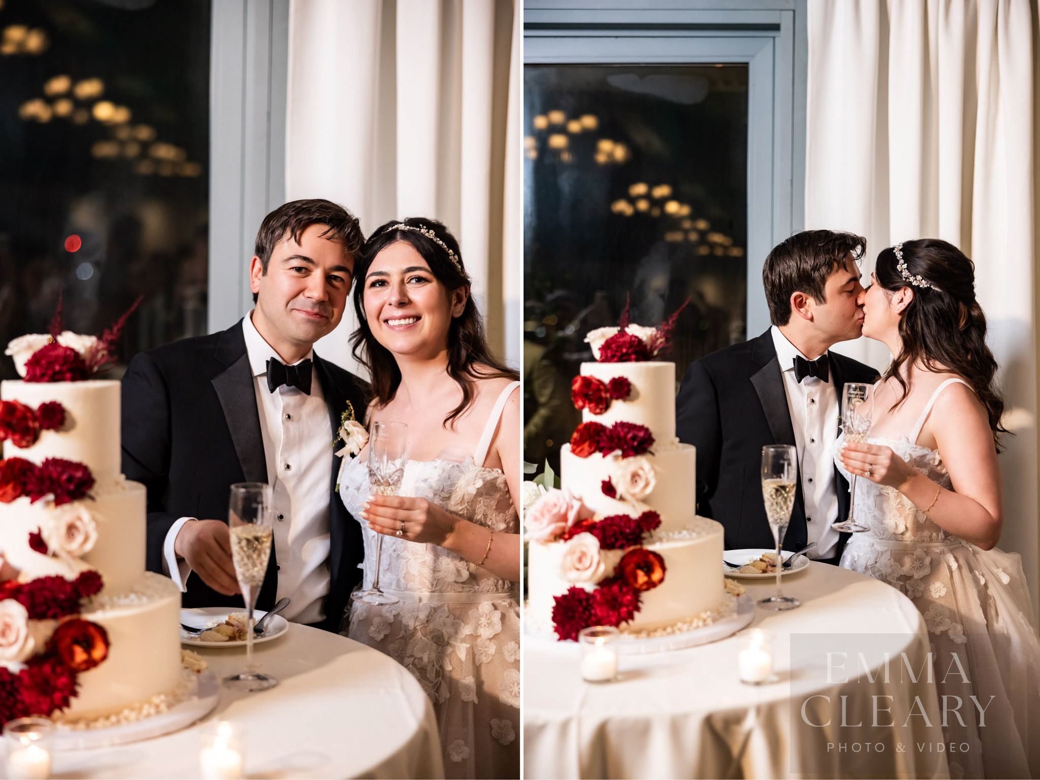 Wedding photo of a couple kissing