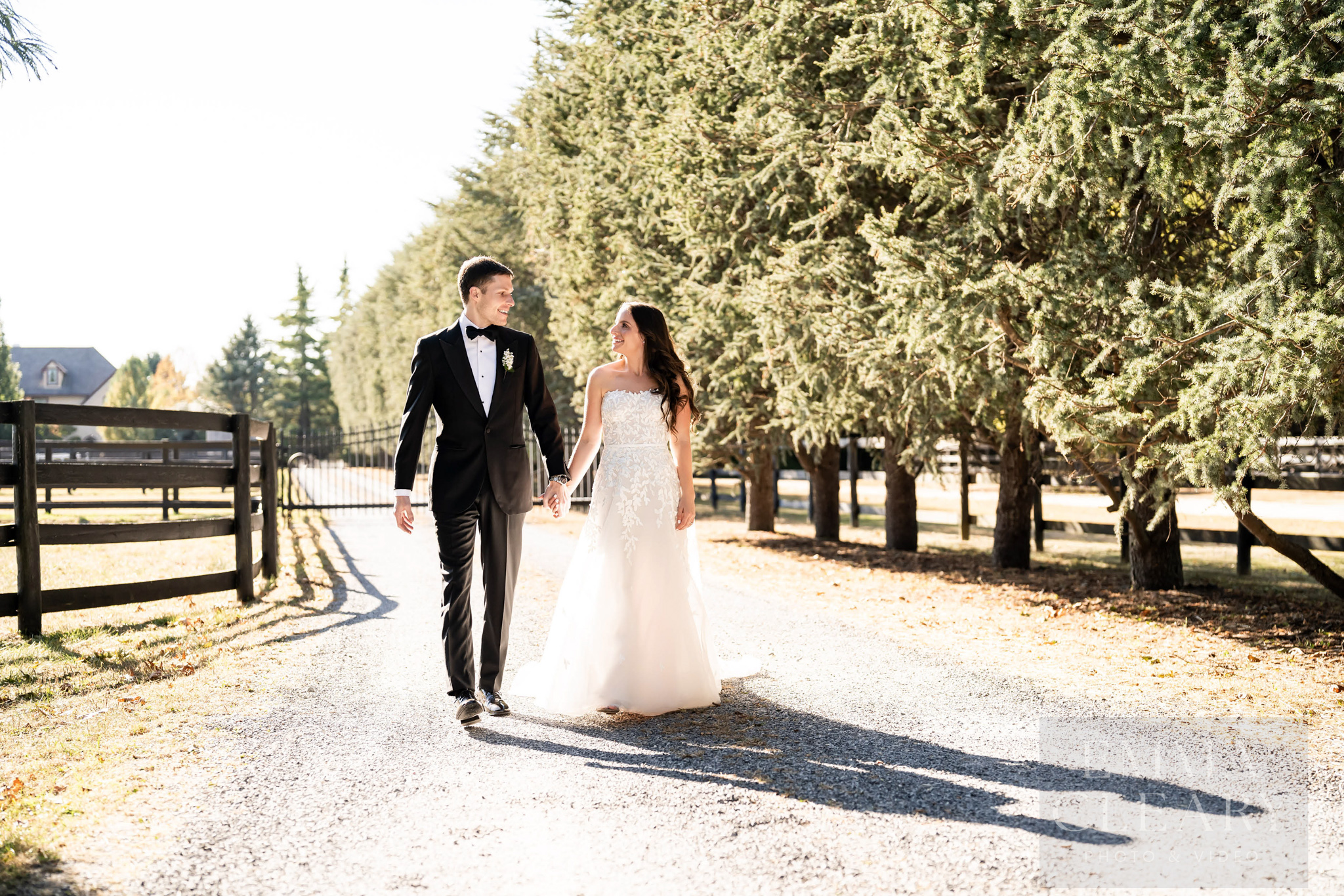 The bride and groom are walking