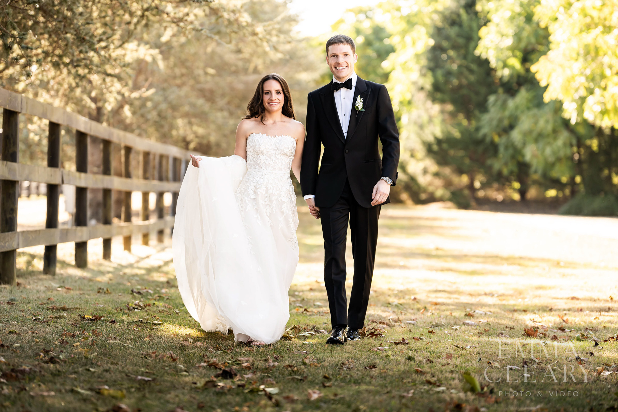 The bride and groom are walking