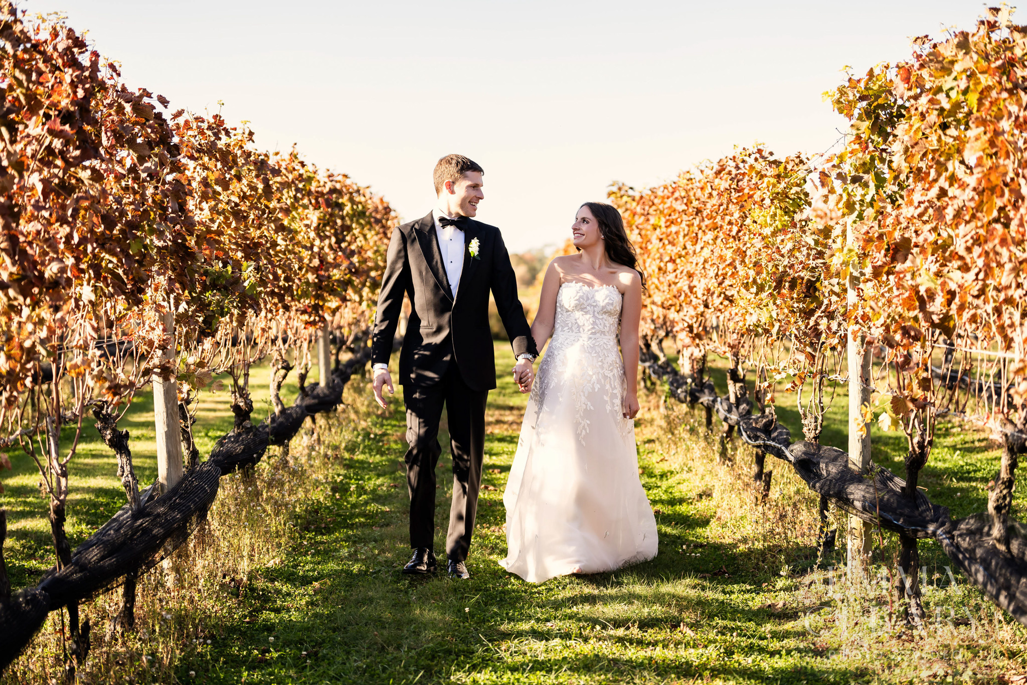 The bride and groom are walking