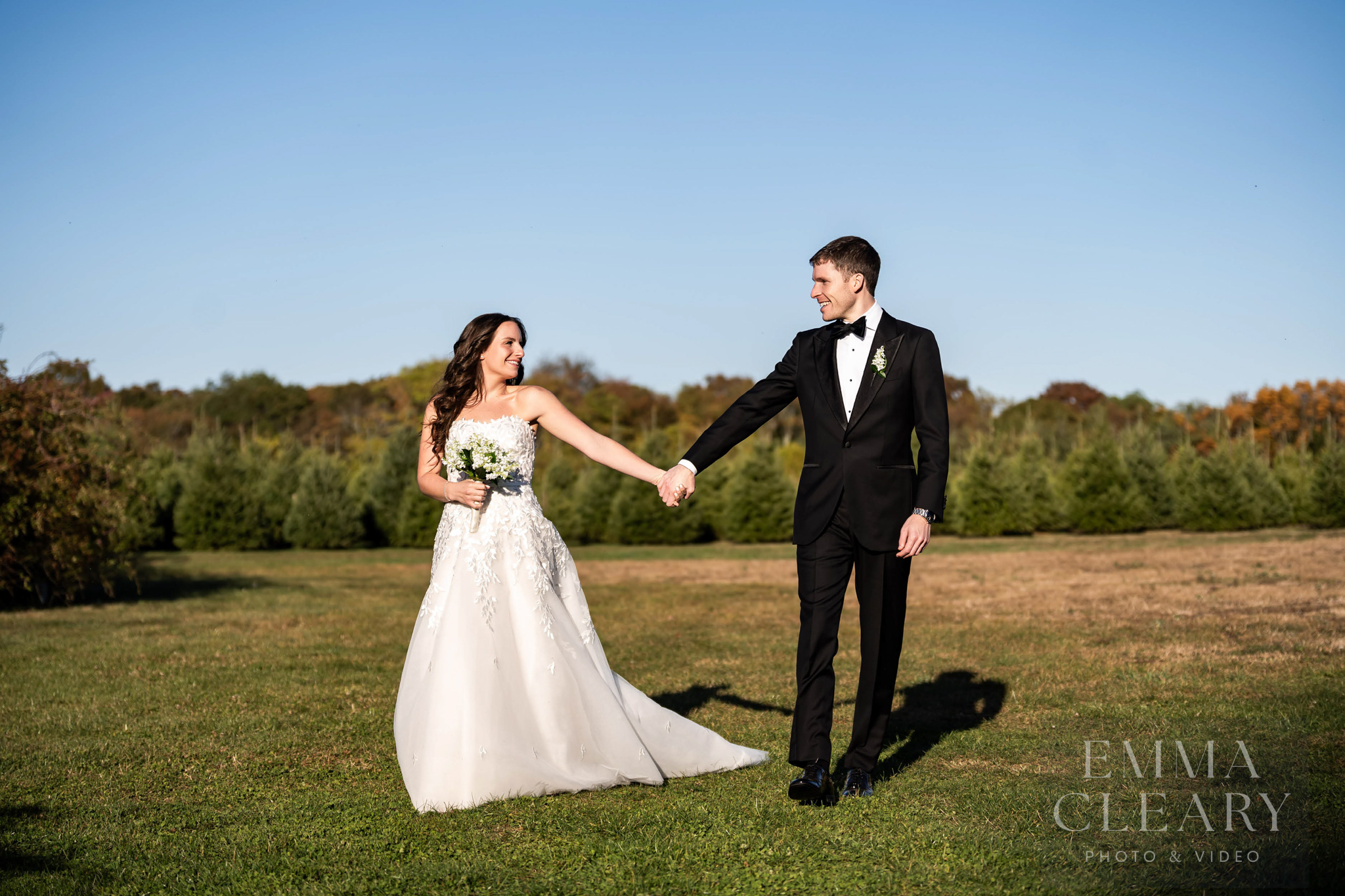 The bride and groom are walking