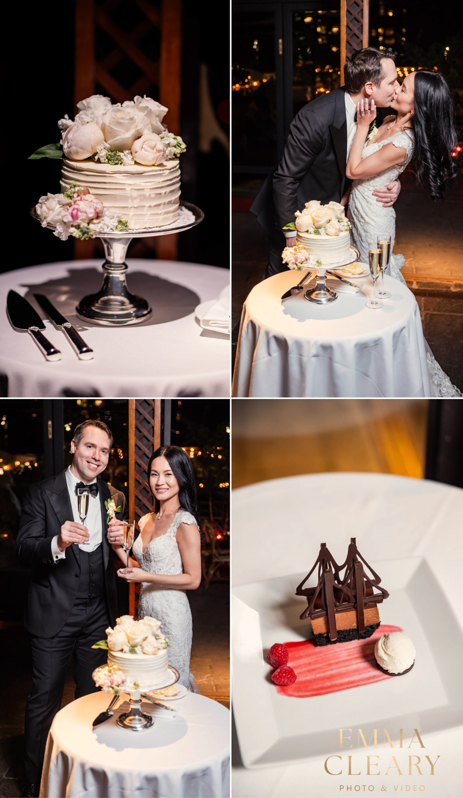 Photos of a couple with a wedding cake at The River Cafe