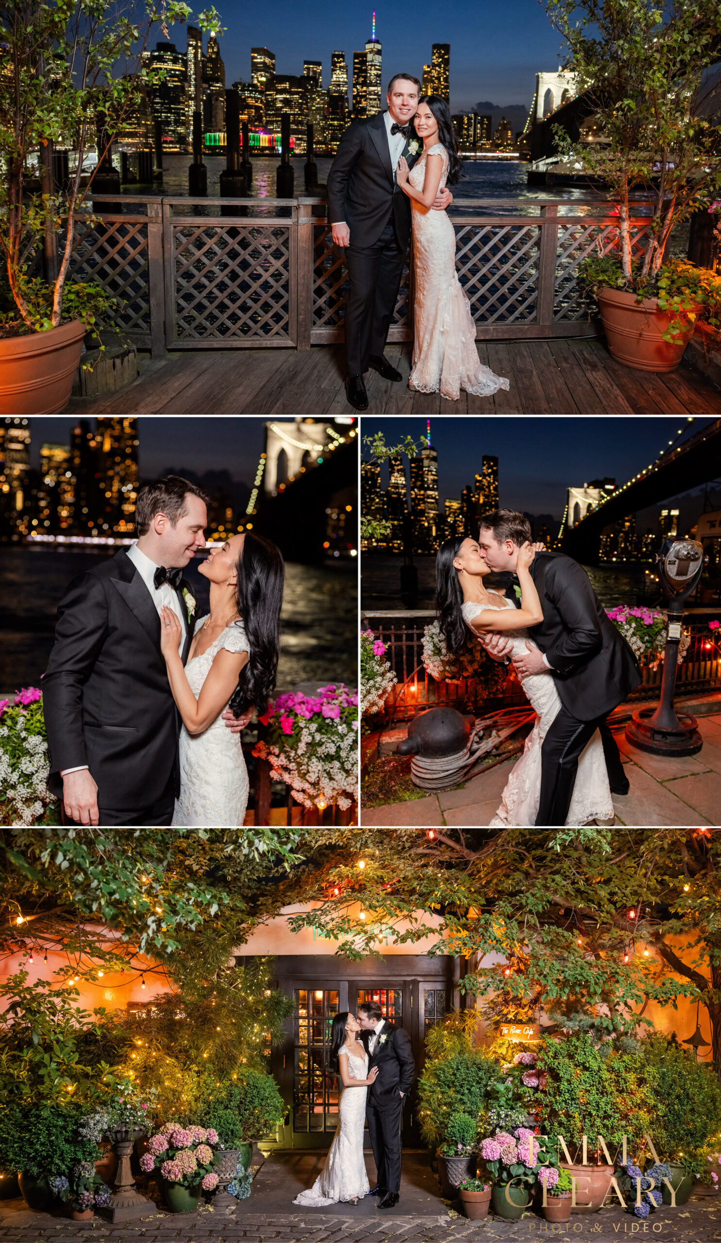 Photos of a couple with a view of the city at night in Brooklyn