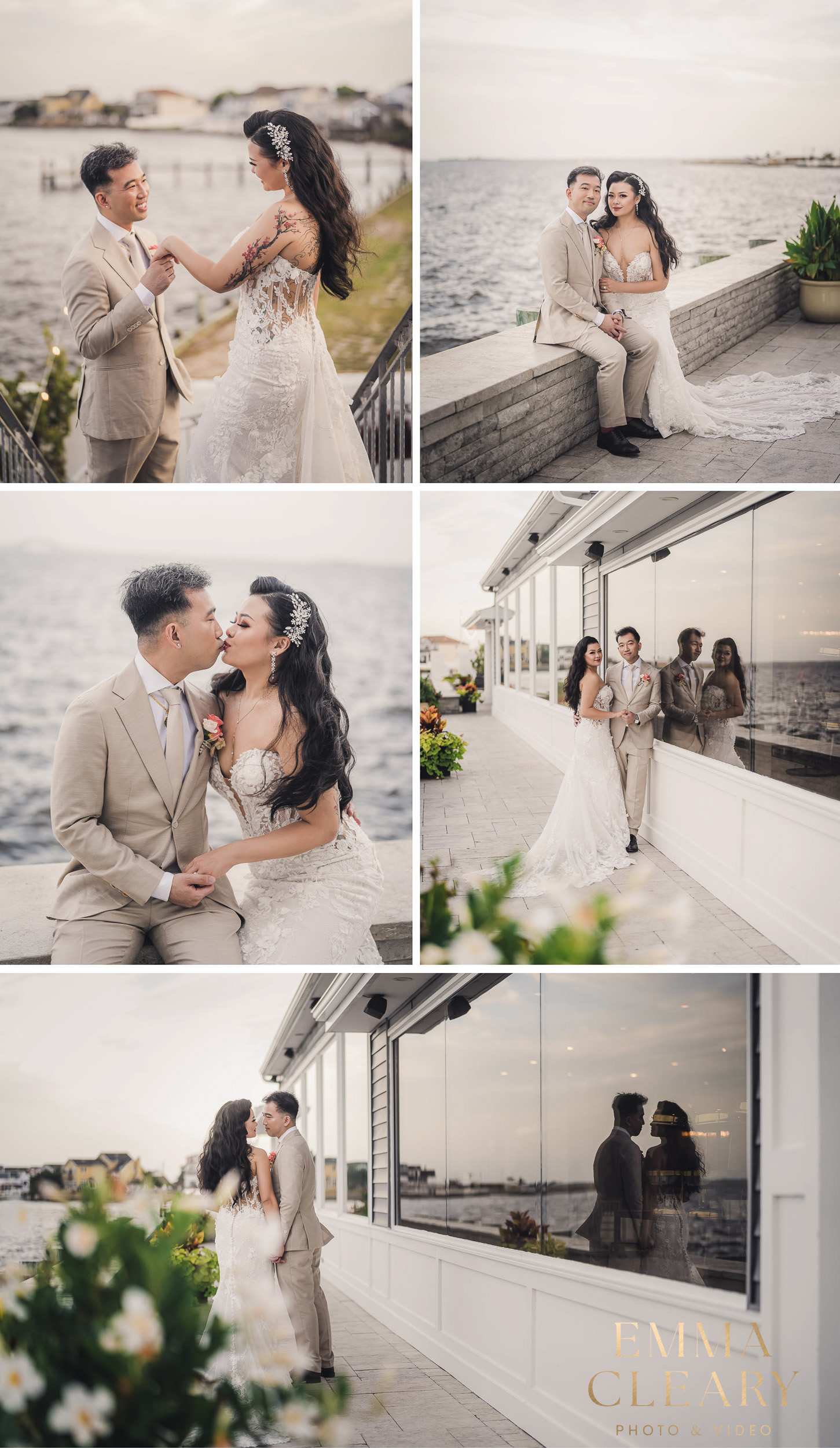 Editorial wedding photos of the bride and groom in Babylon Bay, NYC