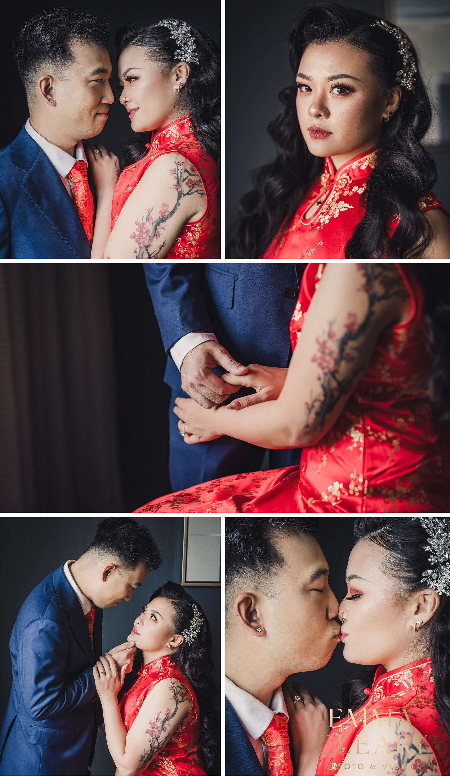 Photos of the bride and groom in a red traditional Chinese dress in NYC