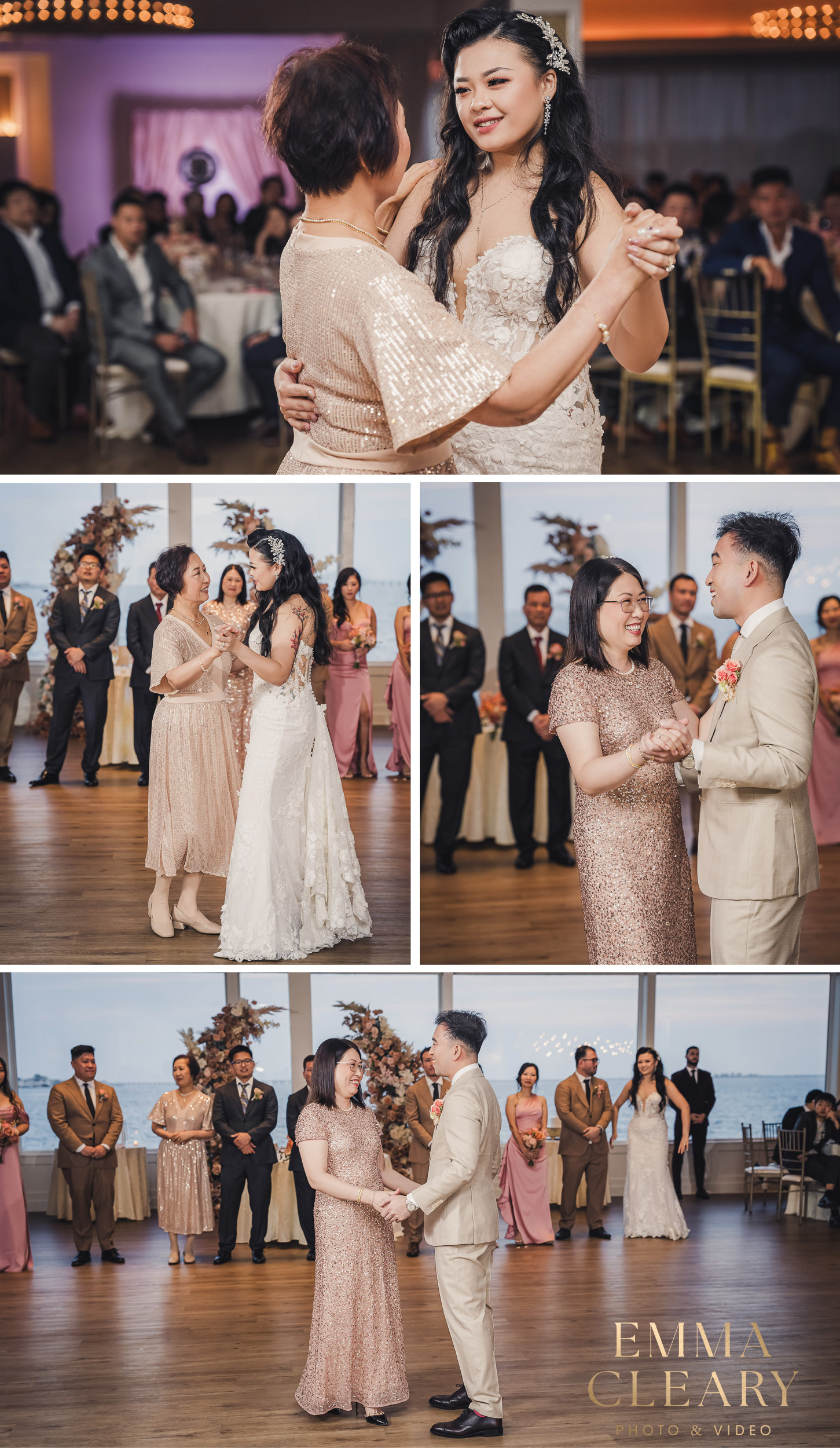 Photos of the bride and groom dancing with their parents at The Piermont