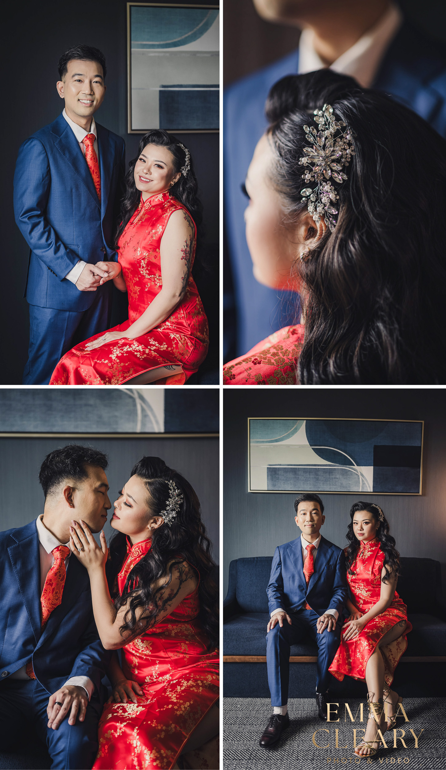 Wedding photos of the bride and groom in a red traditional Chinese dress in NYC
