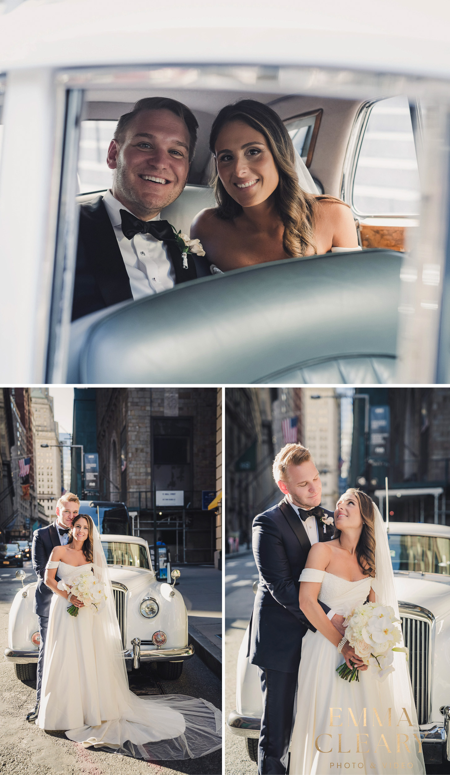 Editorial photos of the bride and groom near a retro car on the streets of NYC