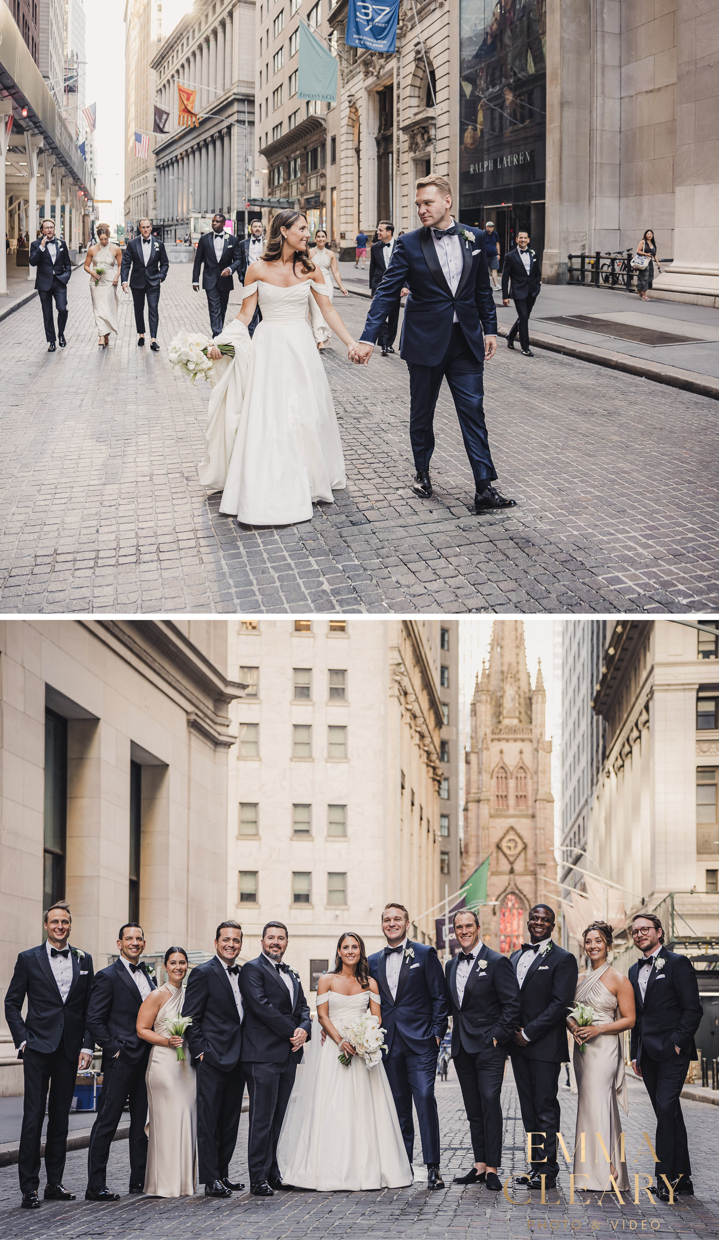 Group photos of the bride and groom with friends on the streets of NYC