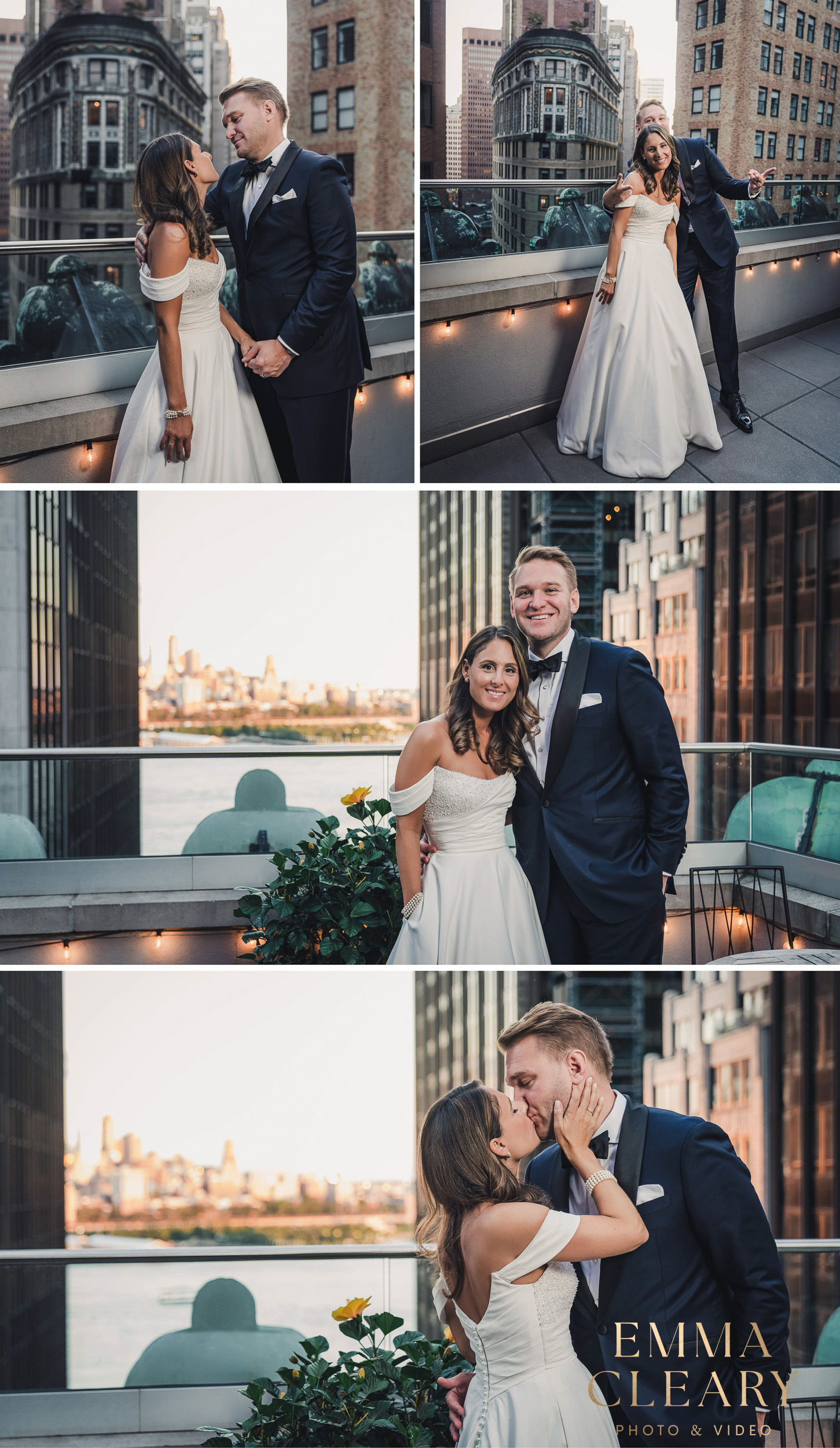 Portraits of the bride and groom on the roof of the Wall Street Hotel overlooking NYC