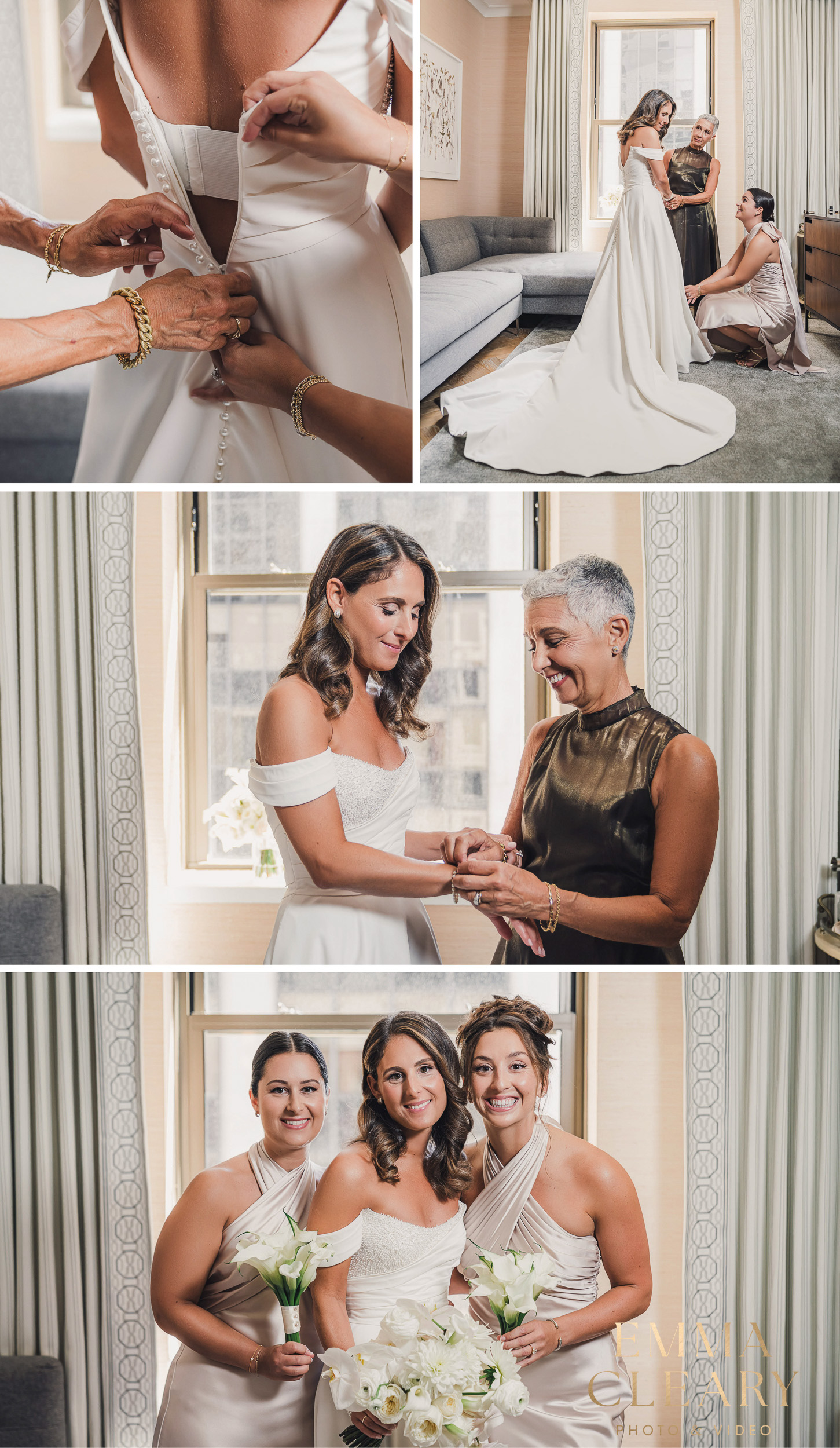 Mom and her bridesmaid help the bride with her dress in NYC