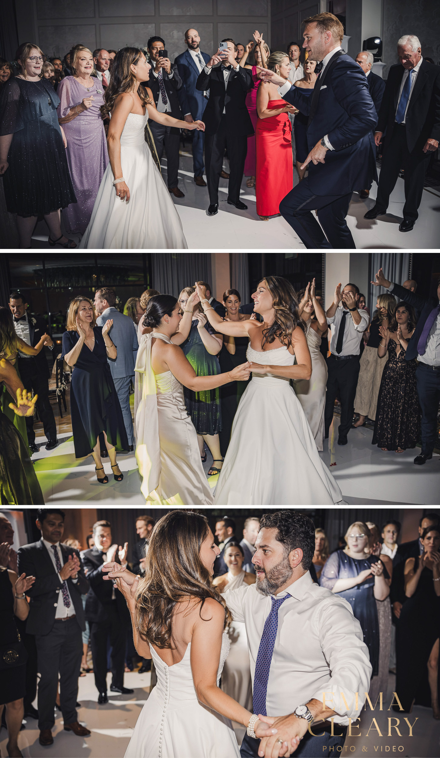 Photojournalistic photos of a wedding celebration at a reception at the Wall Street Hotel