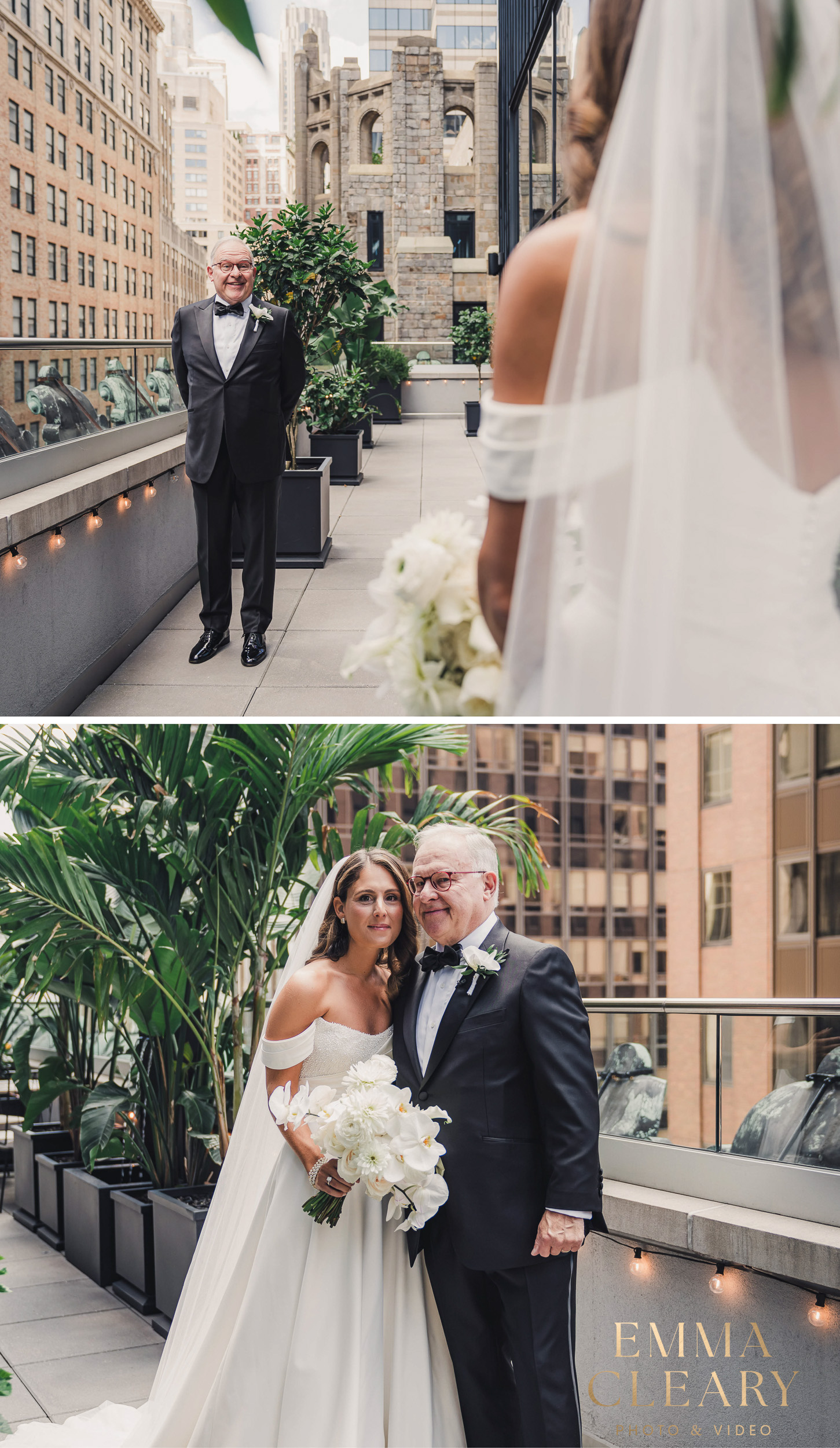 First-look photos of the bride and her father on the roof of the Wall Street Hotel