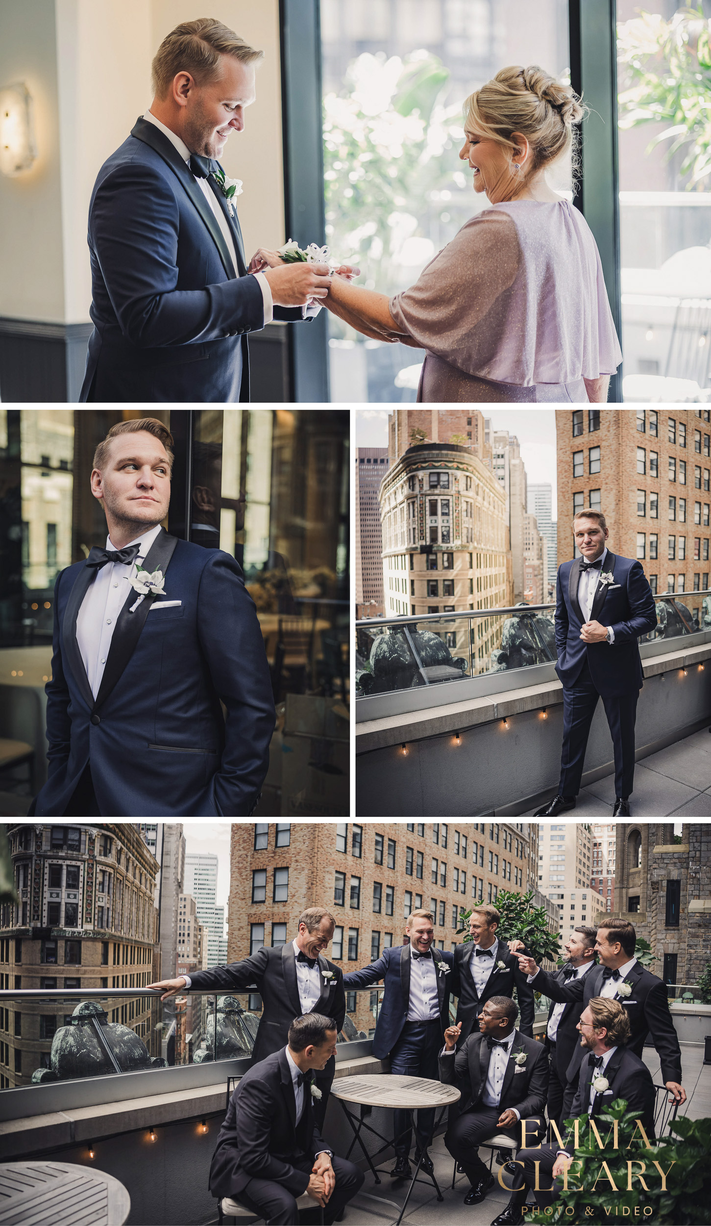 Portraits of the groom with his mother and groomsmen on the roof of the Wall Street Hotel