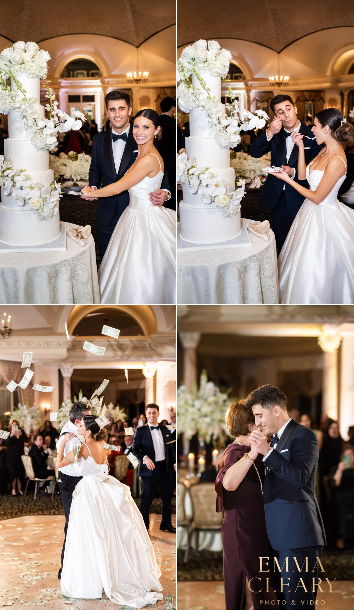 Photos of cutting a wedding cake at the Pleasantdale Chateau