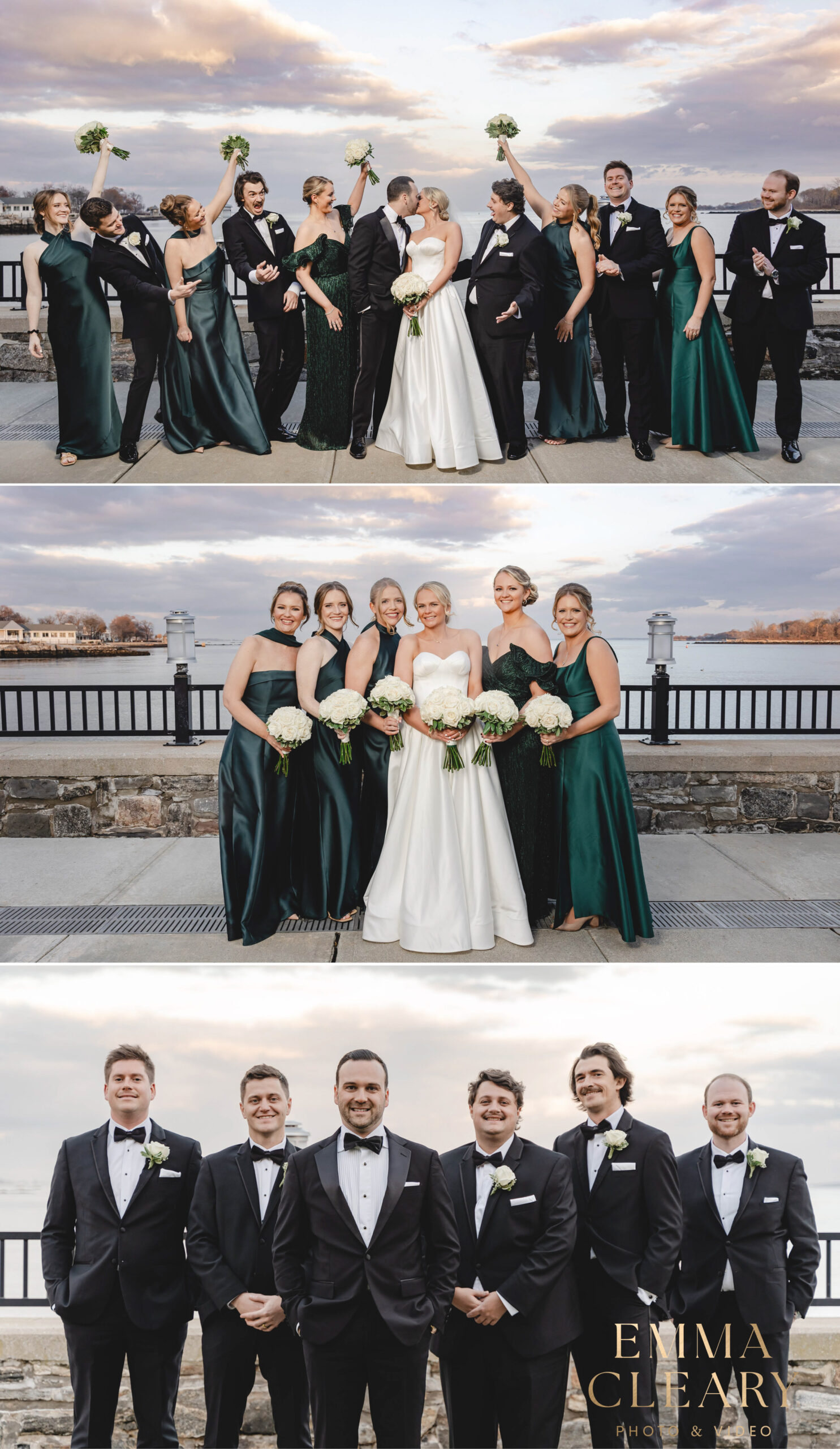 Group wedding photos on the Glen Island Park Boardwalk