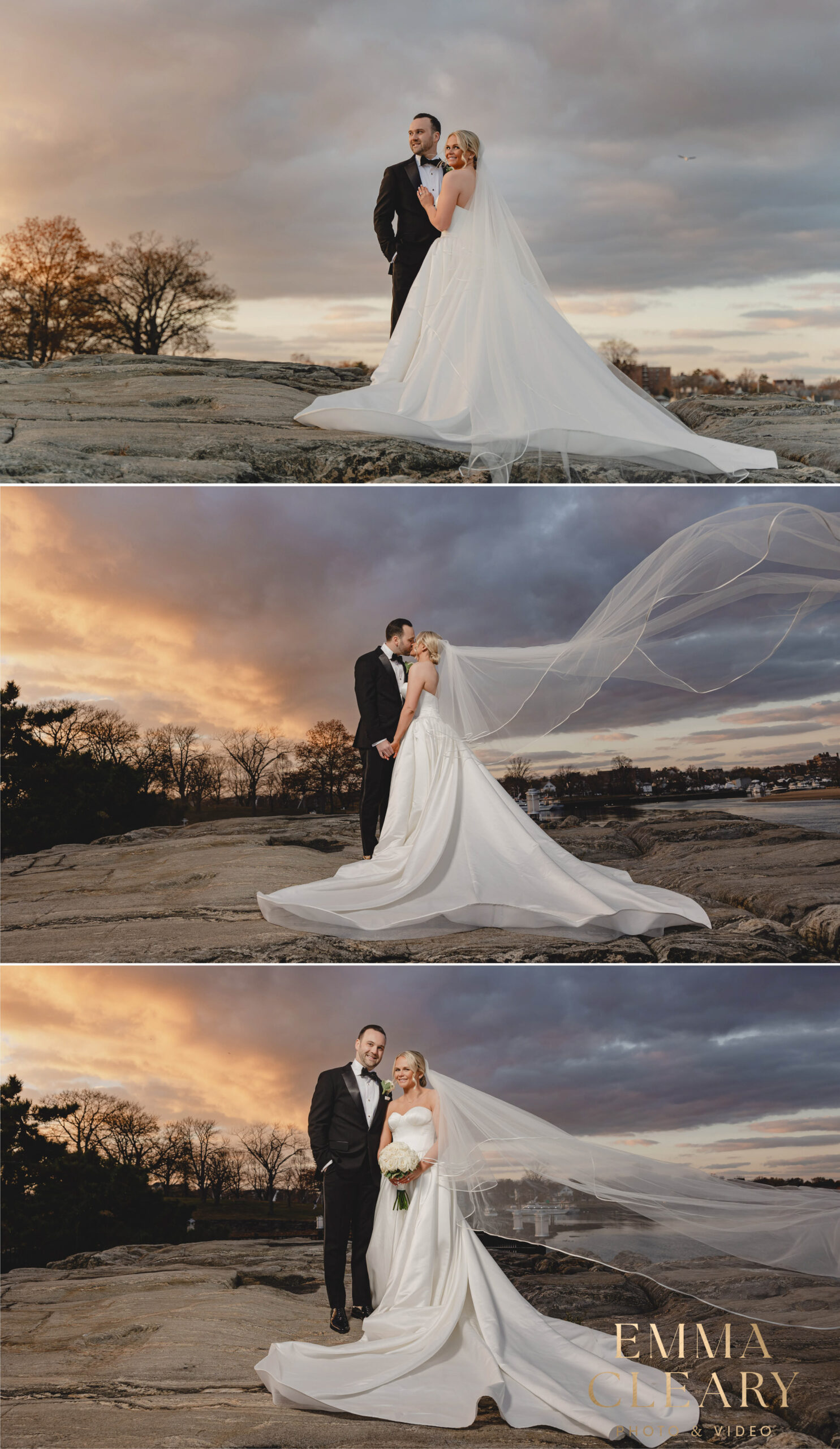 Editorial wedding photos of the bride and groom at sunset