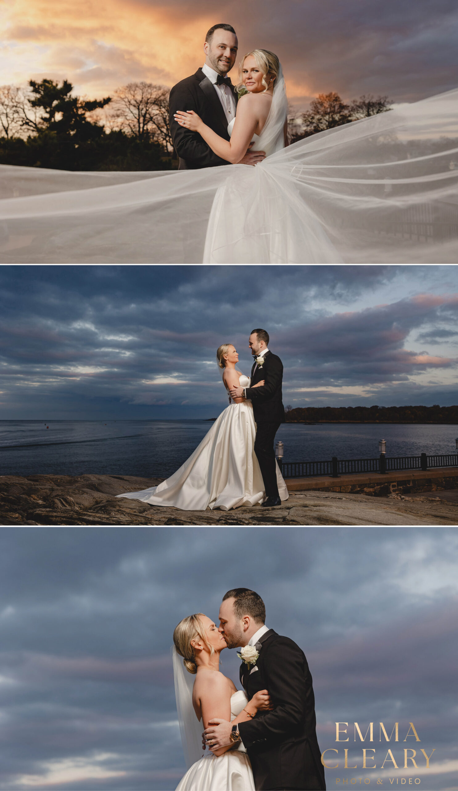 Editorial wedding photos of the bride and groom at sunset