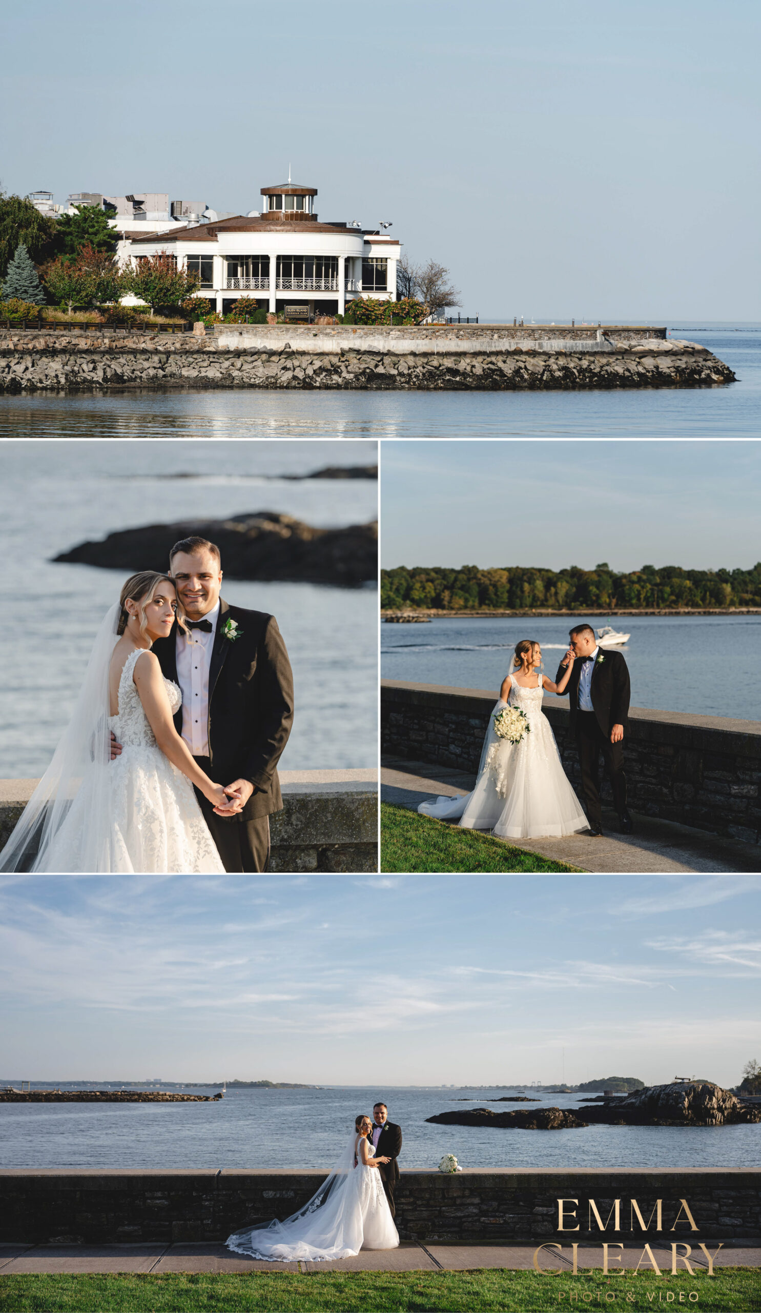 Editorial wedding photos of a couple on the waterfront in Glen Island Park