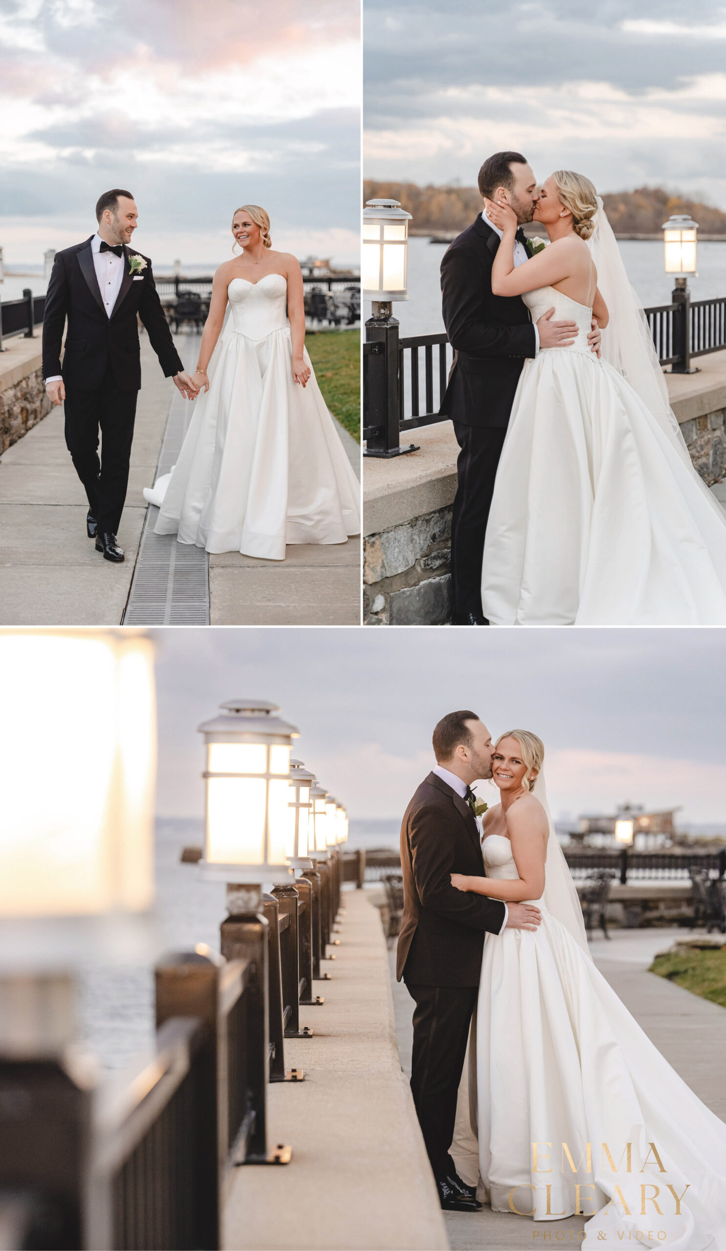 Photojournalistic wedding photos of a couple at sunset in Glen Island Park