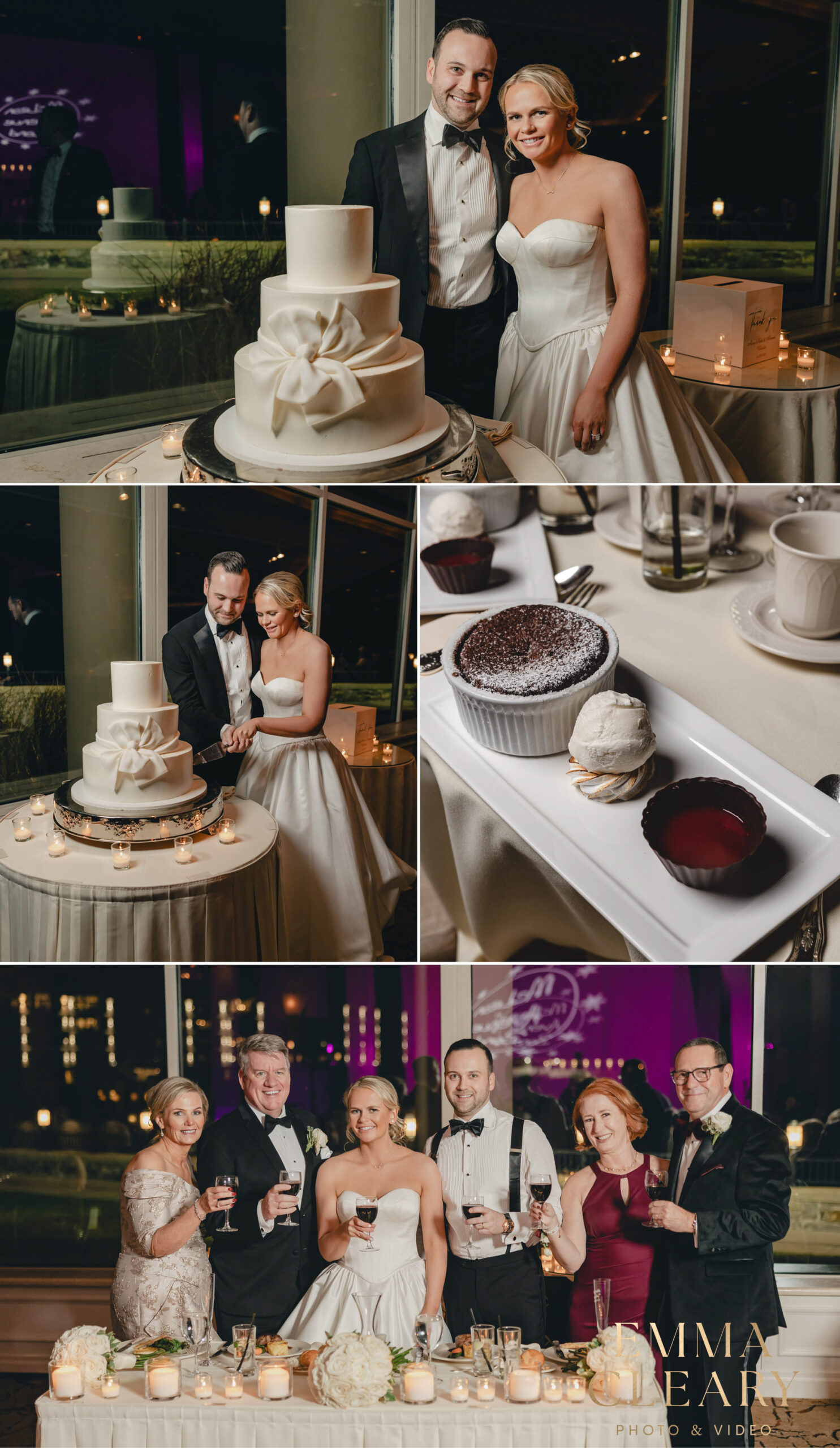 Photos of cutting a wedding cake at the Glen Island Harbor Club