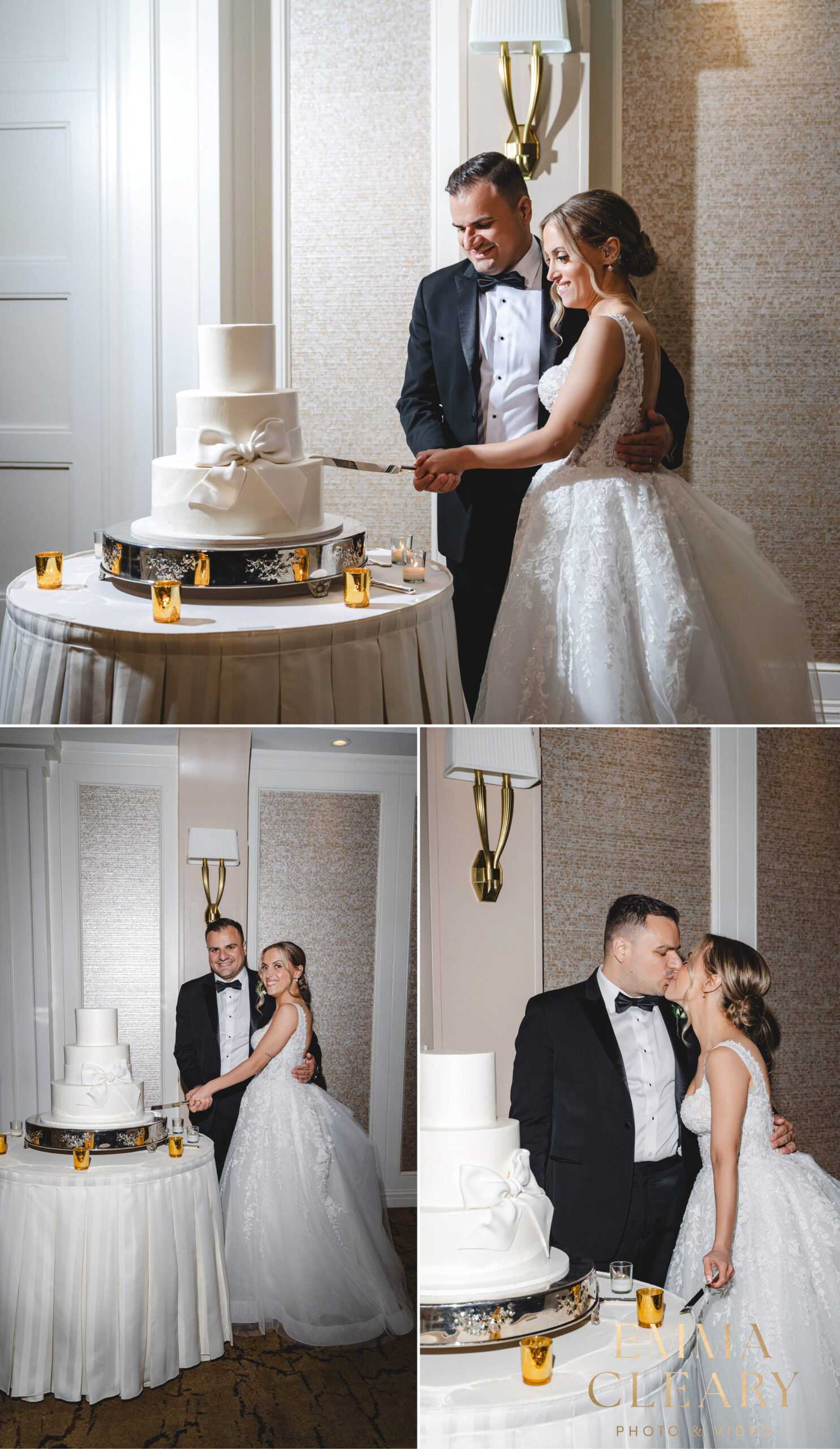 Photos of cutting a wedding cake at Glen Island Harbor Club
