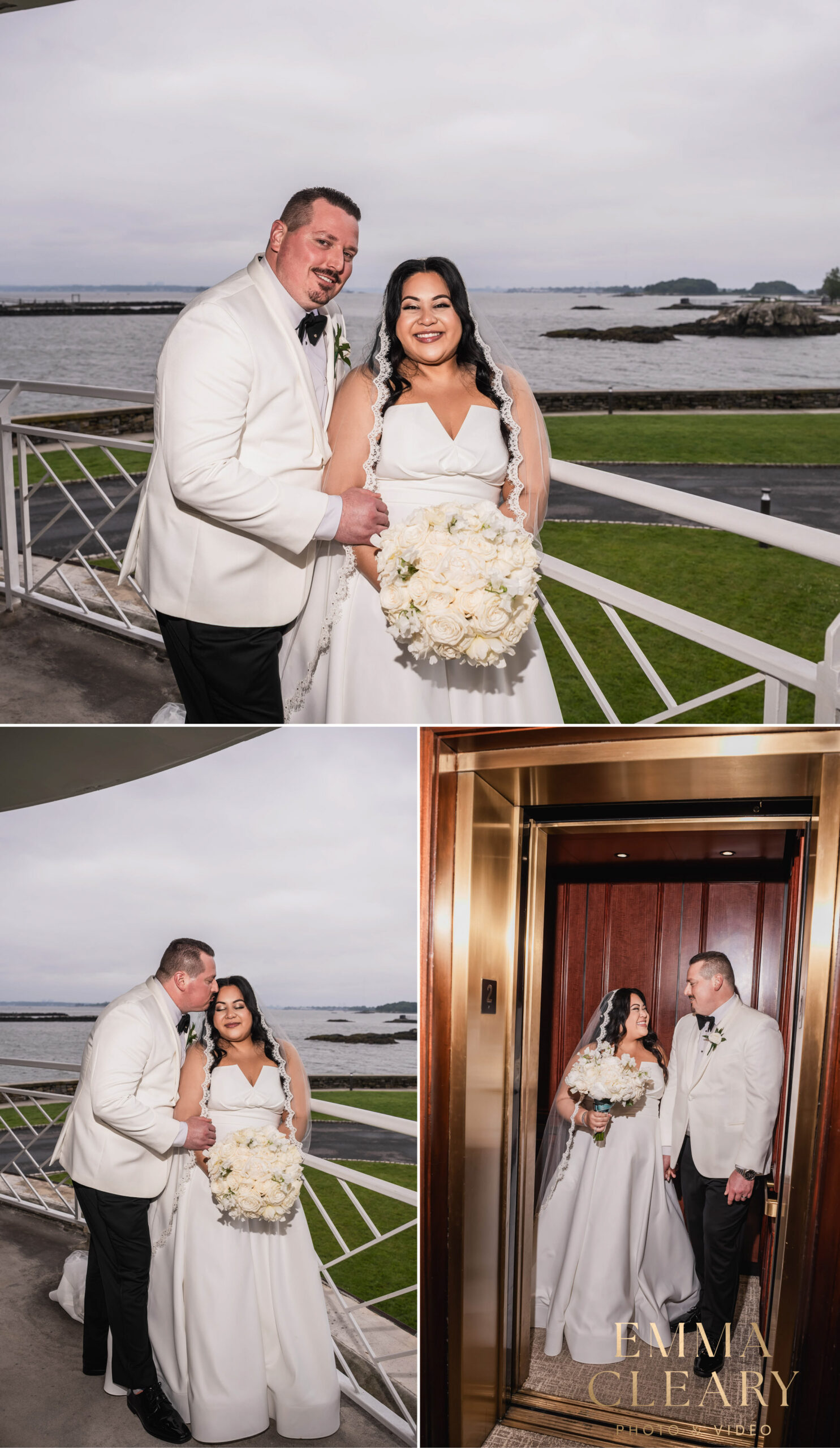 Editorial wedding photos of the bride and groom at Glen Island Harbour Club