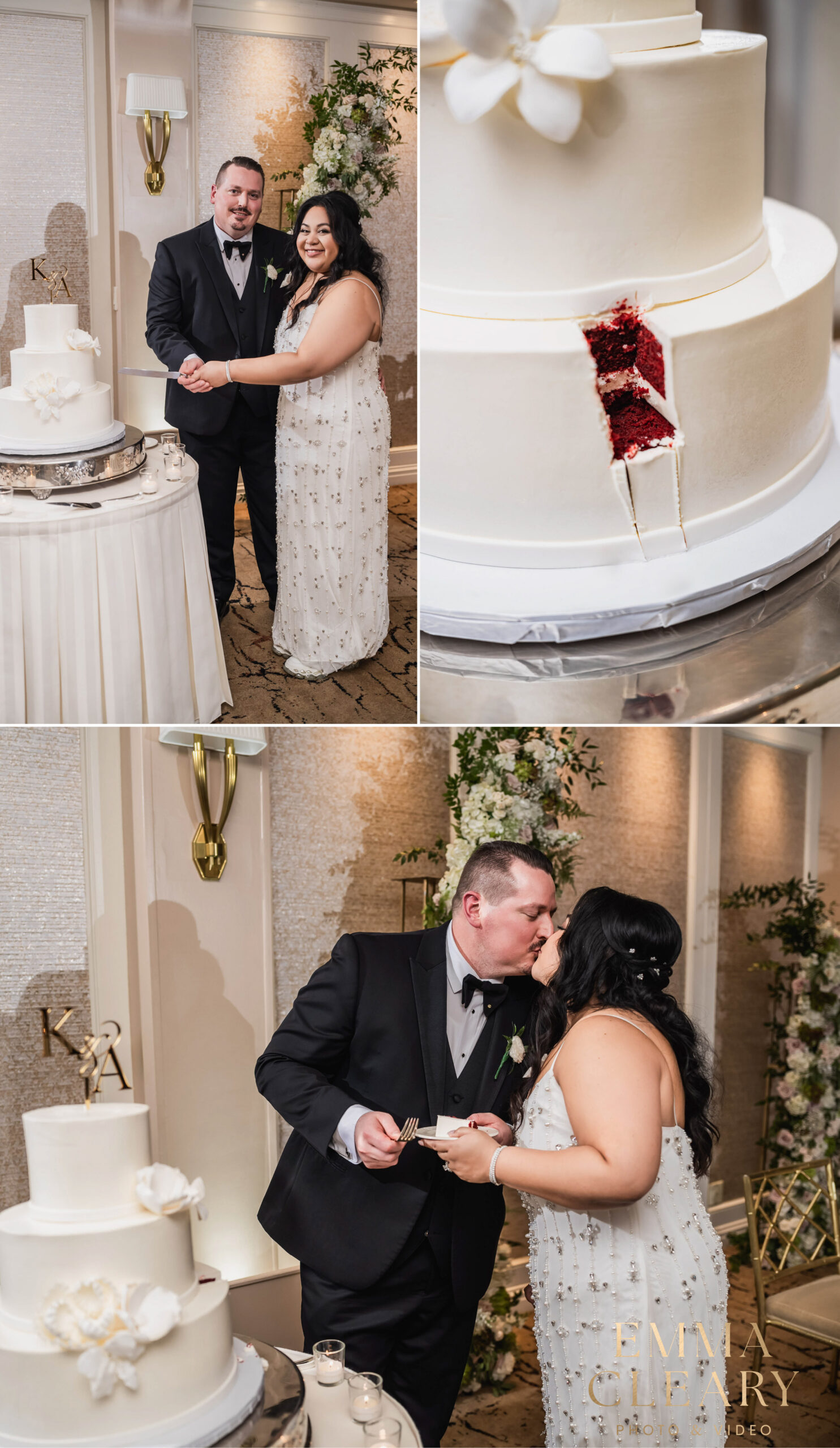 Photos of cutting a wedding cake at Glen Island Harbour Club