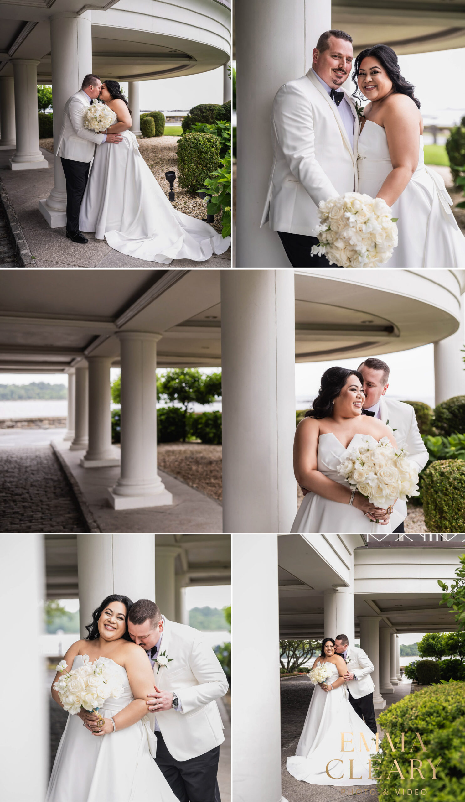 Editorial wedding photos of the bride and groom at Glen Island Harbour Club