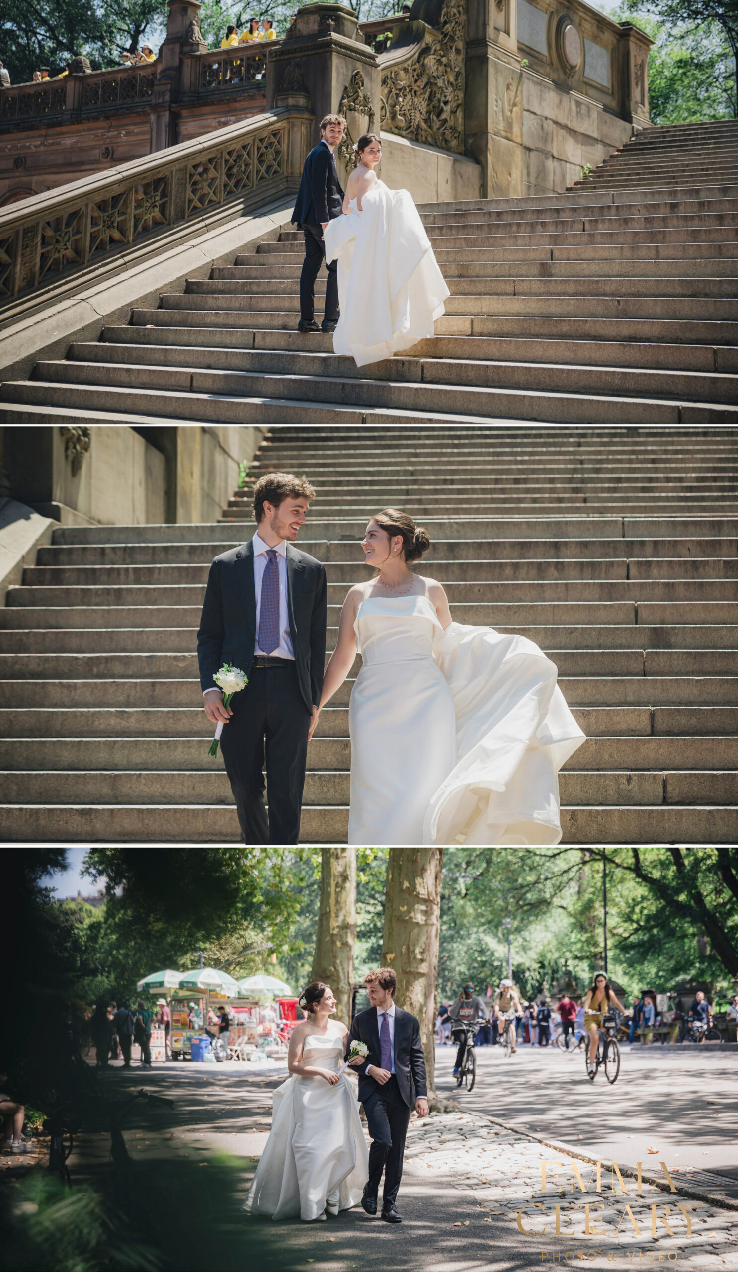 Photojournalistic wedding photos of the bride and groom in Central Park