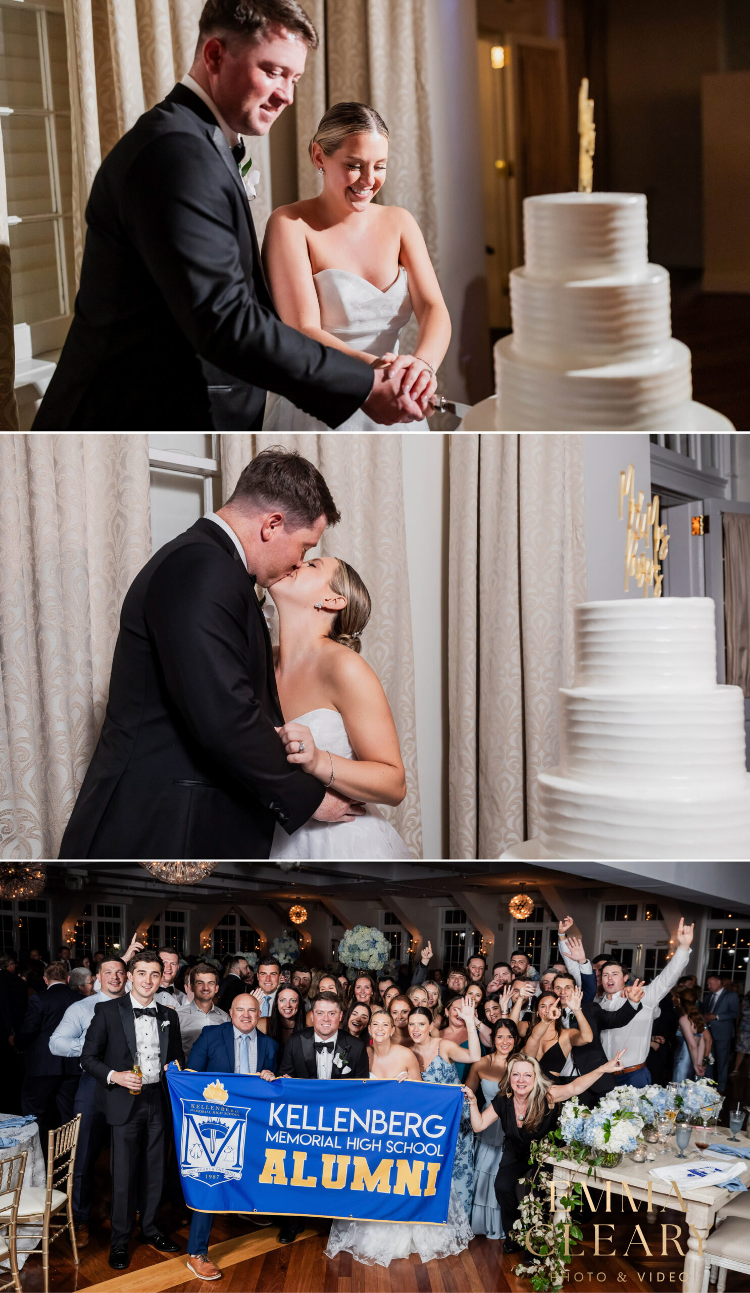 Photos of cutting a wedding cake at The Heritage Club at Bethpage