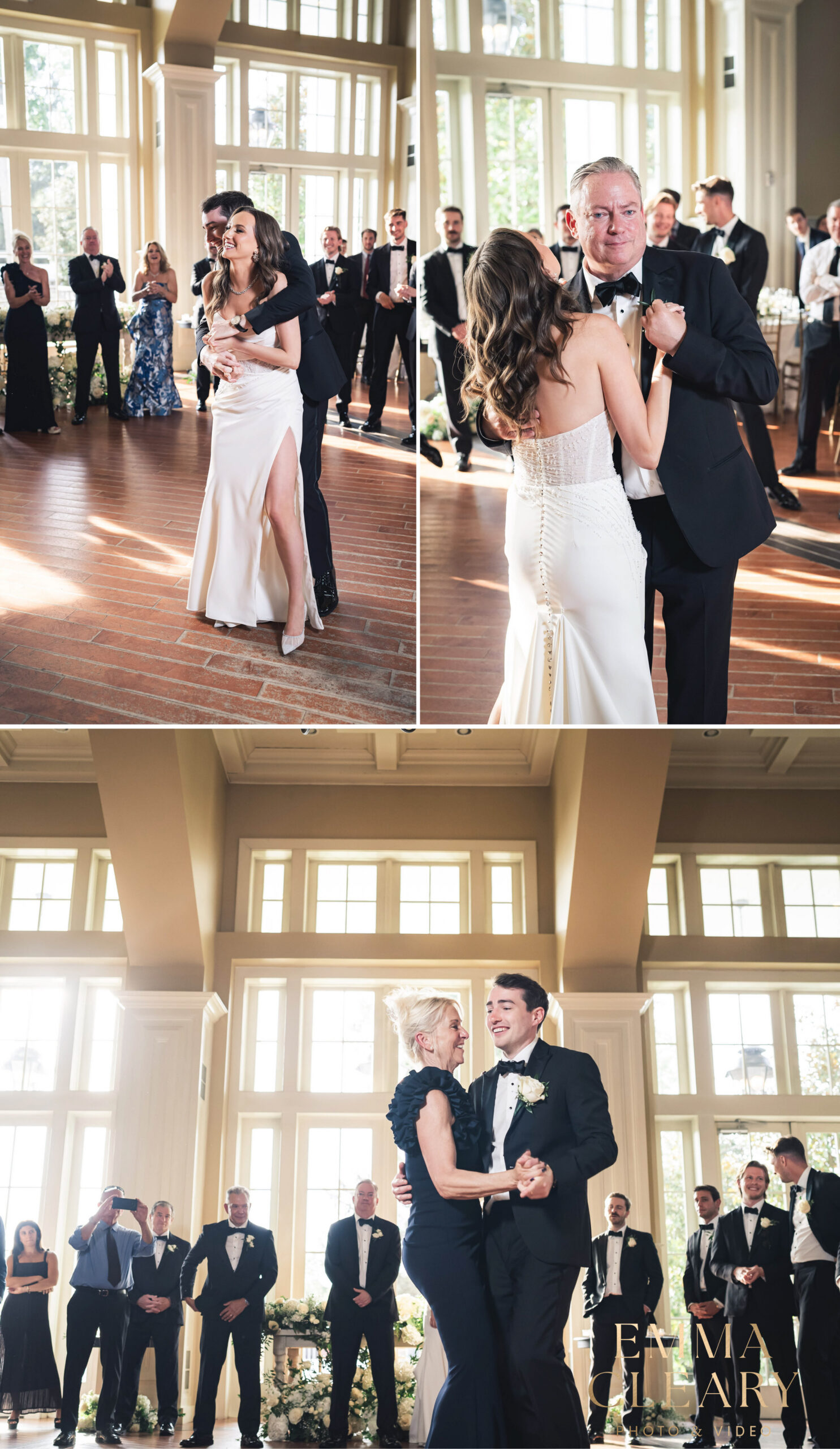 Photos of a wedding couple dancing with their parents at Ryland Inn