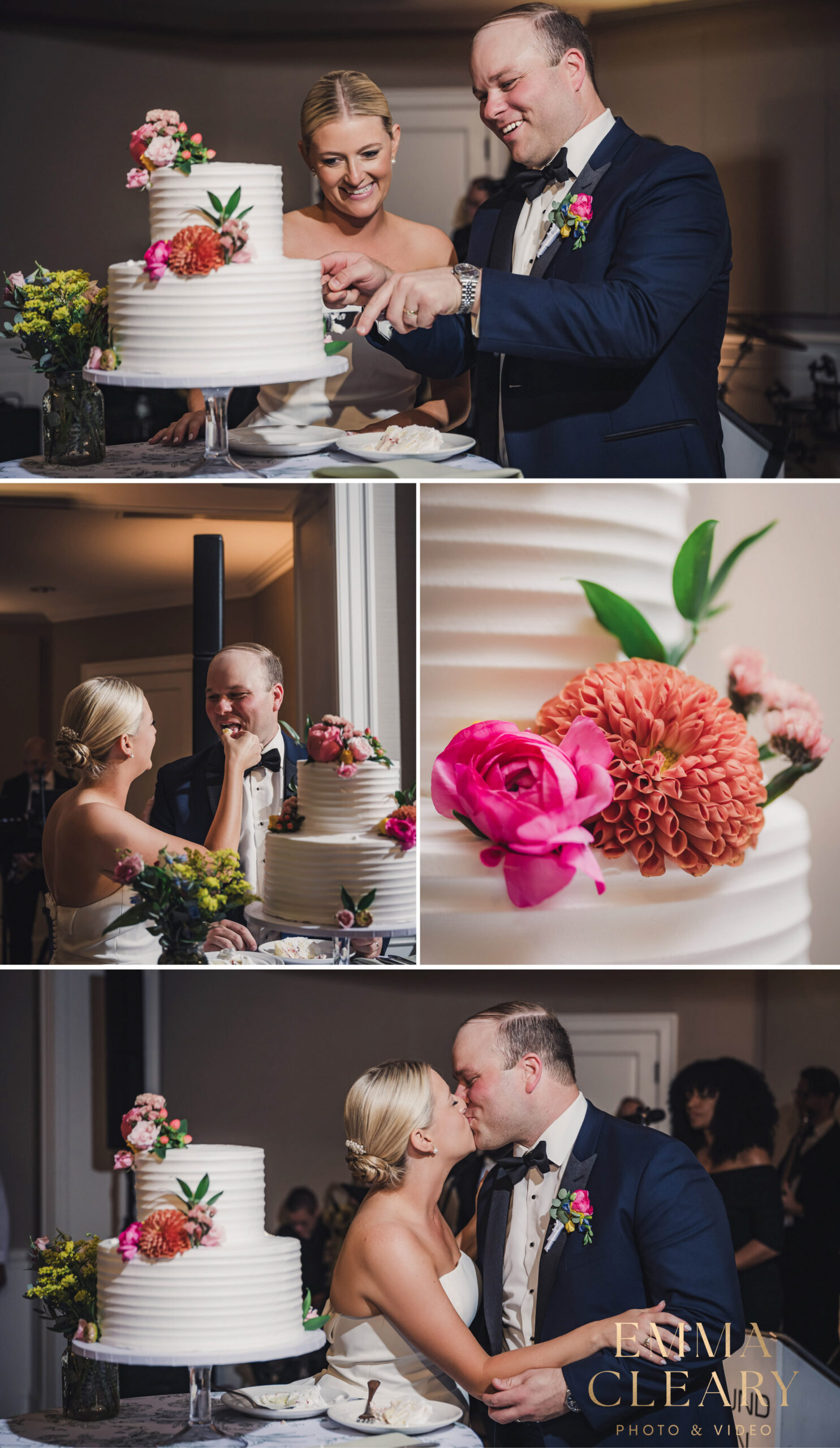 Photos of cutting a wedding cake at Shorehaven Golf Club