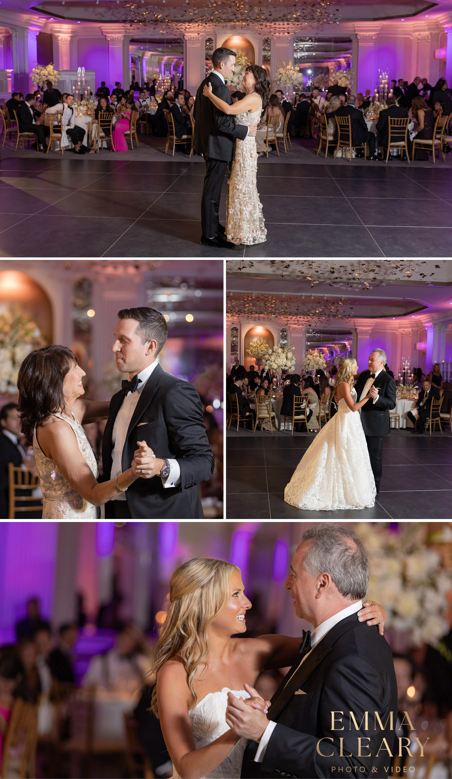 Photos of the bride and groom dancing with their parents at The Garden City Hotel