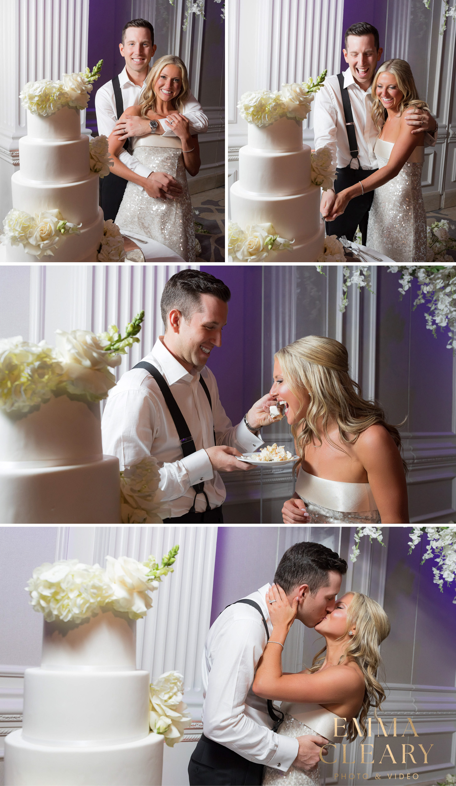 Photos of cutting a wedding cake at The Garden City Hotel