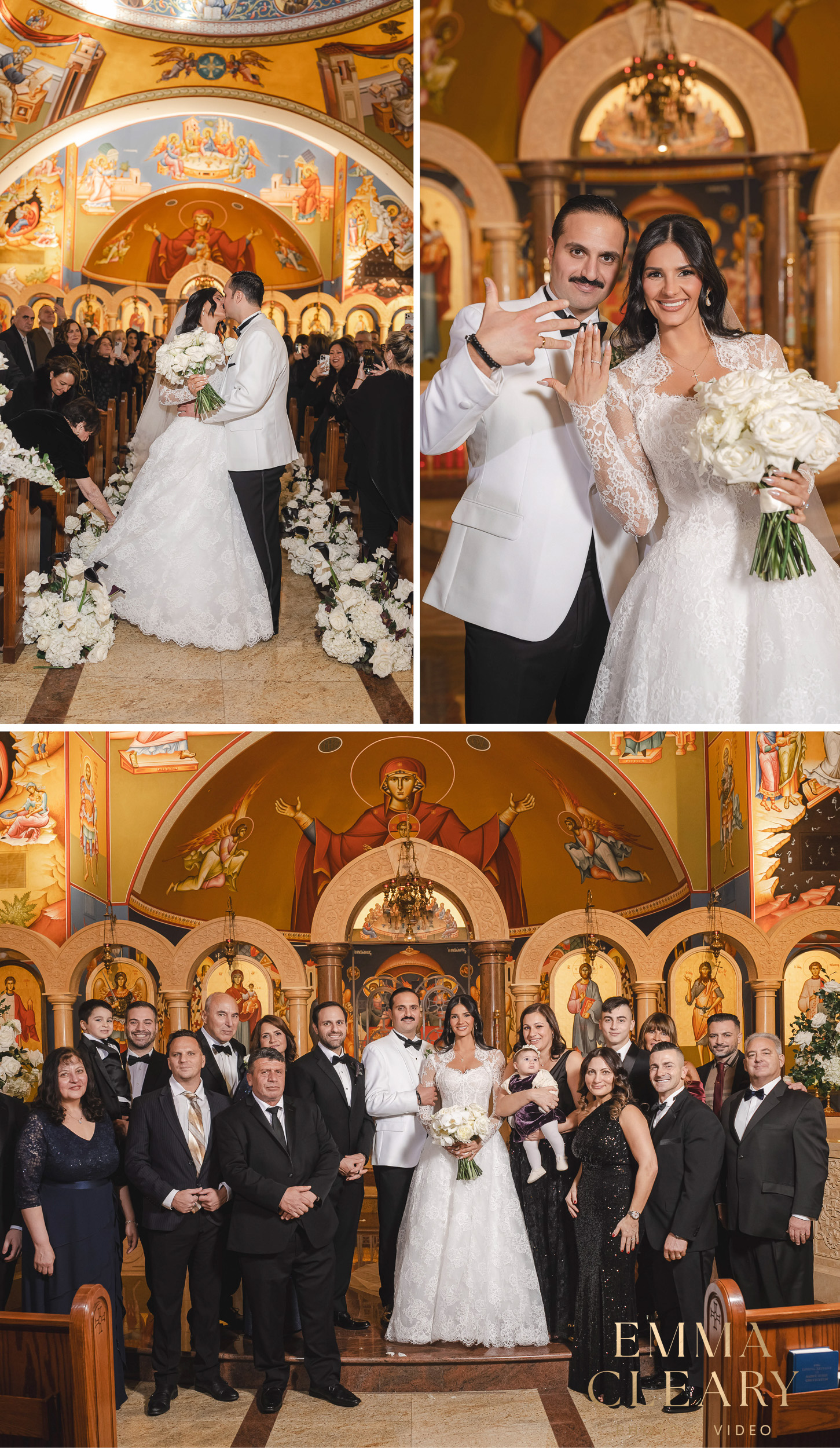 Photos of the bride and groom in a New York church with friends