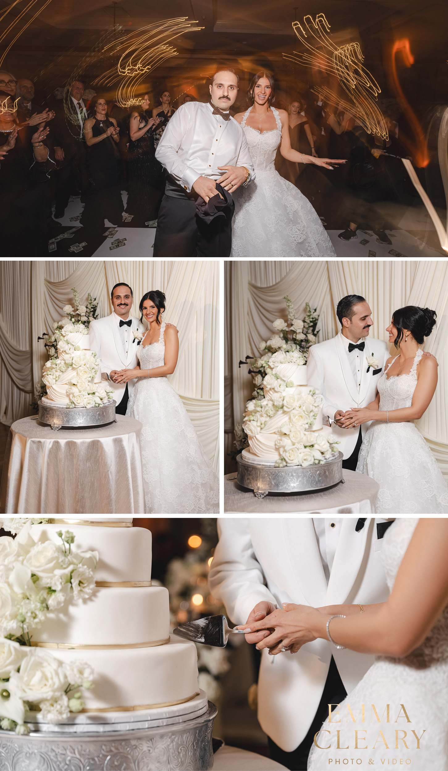 Photos of cutting a wedding cake at The Royalton on The Greens