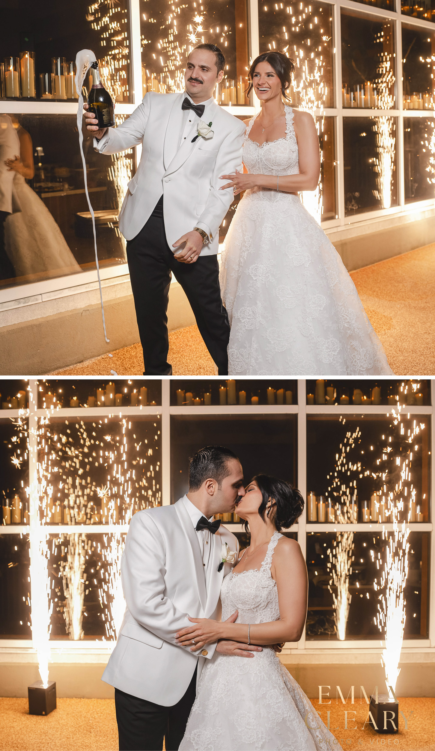 Festive night photos of the bride and groom with fireworks at The Royalton on The Greens